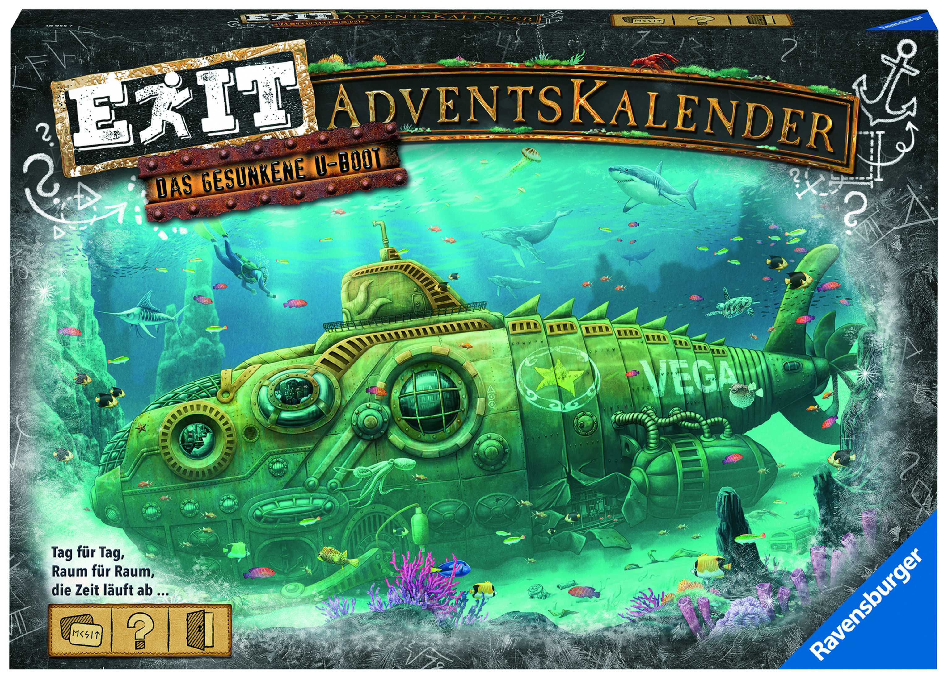 Adventskalenderbox mit einer U-Boot-Szene und Unterwasserlebewesen.