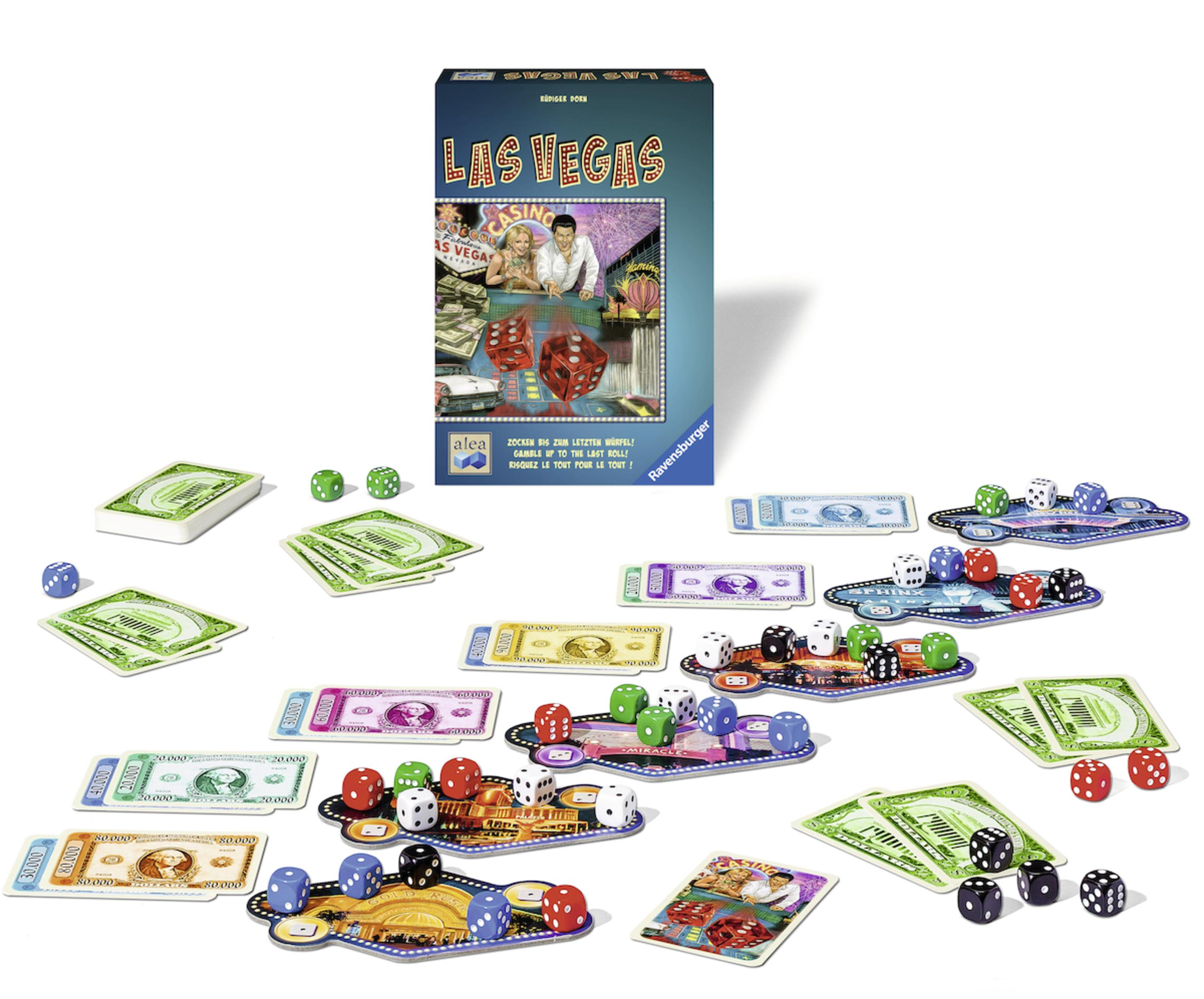 Brettspiel 'Las Vegas'. Spielsteine umfassen Geld, Würfel und Spielbereiche im Casino-Stil.