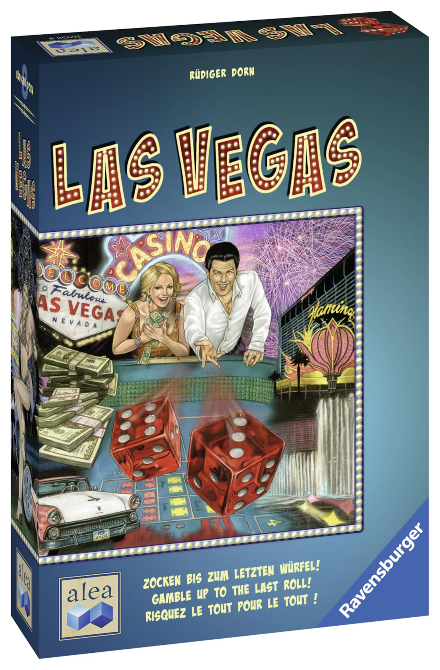 Las Vegas Brettspielbox. Die Box zeigt eine Casino-Szene mit Würfeln, Geld und Personen.