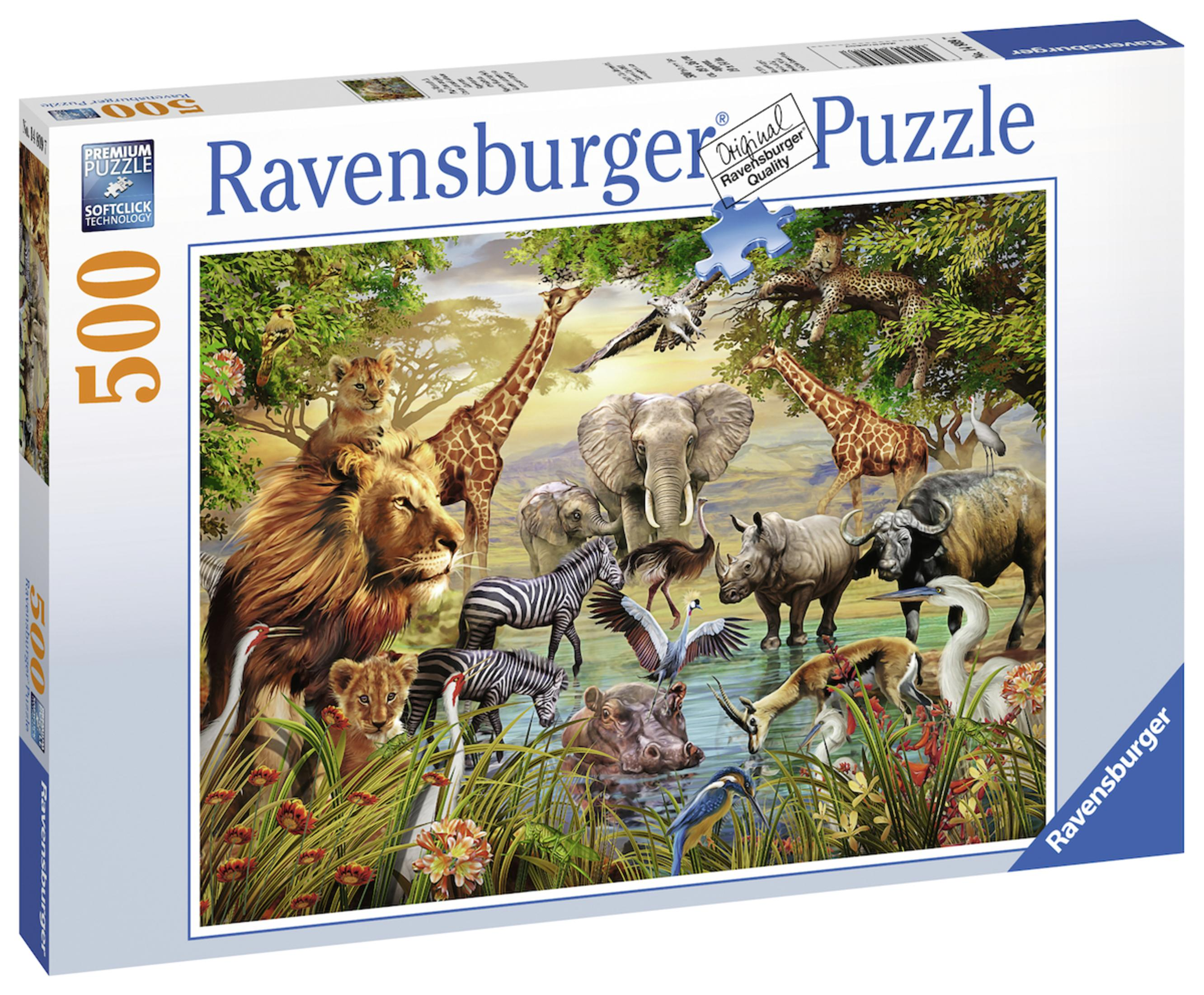 Ravensburger Puzzlebox mit afrikanischen Tieren an einer Wasserstelle.