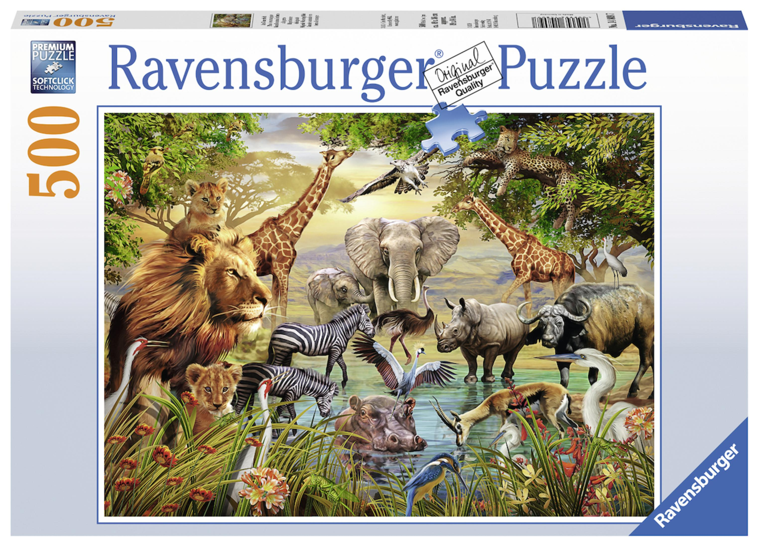 Puzzle mit Tieren, Giraffen, Löwen, Zebras, Elefanten, Nashörnern am Wasser. Ravensburger.