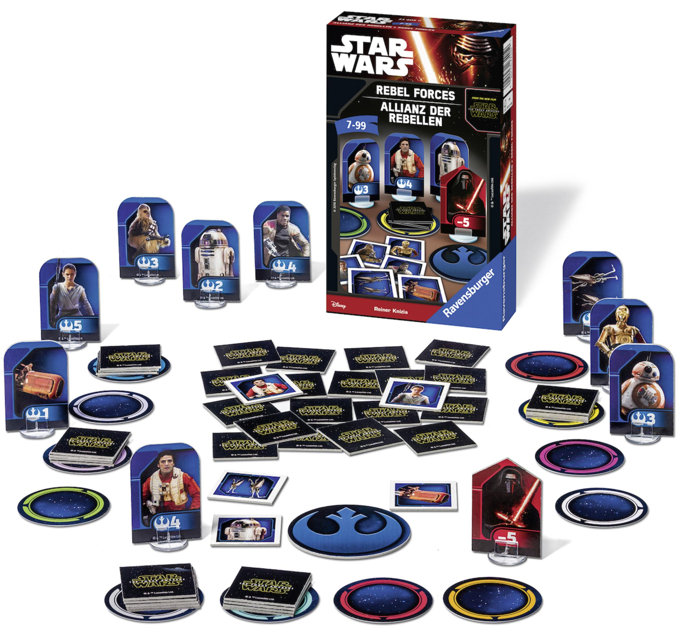 Star Wars Brettspiel mit Spielsteinen und Box. Charaktere und Spielelemente sichtbar.