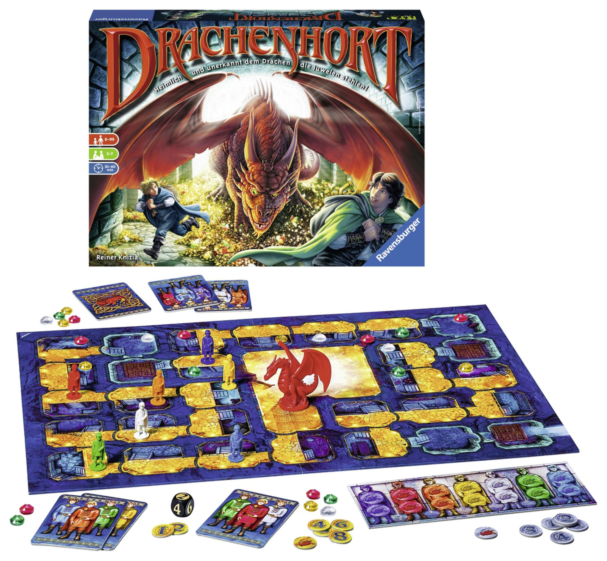 Ein Brettspielkarton und Komponenten, mit einer Drachenillustration und einem Spielbrett.