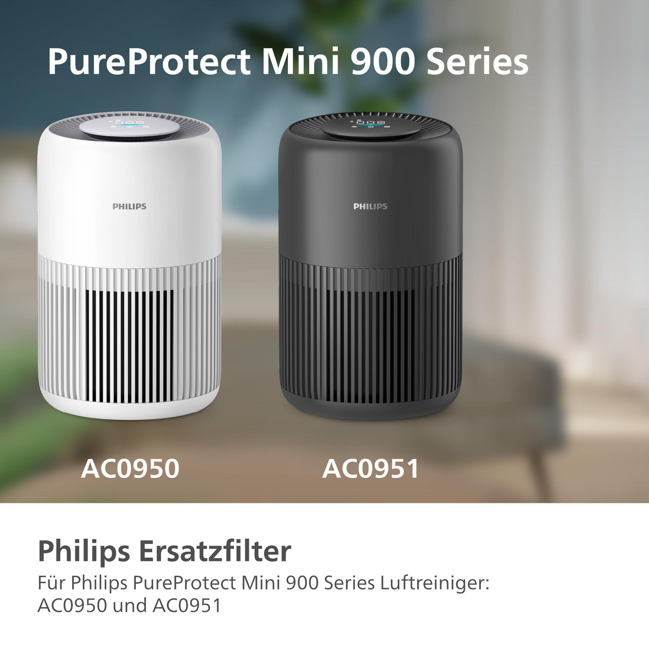 Twee luchtreinigers, één wit en één zwart. Tekst luidt: PureProtect Mini 900 Series. Philips Ersatzfilter.