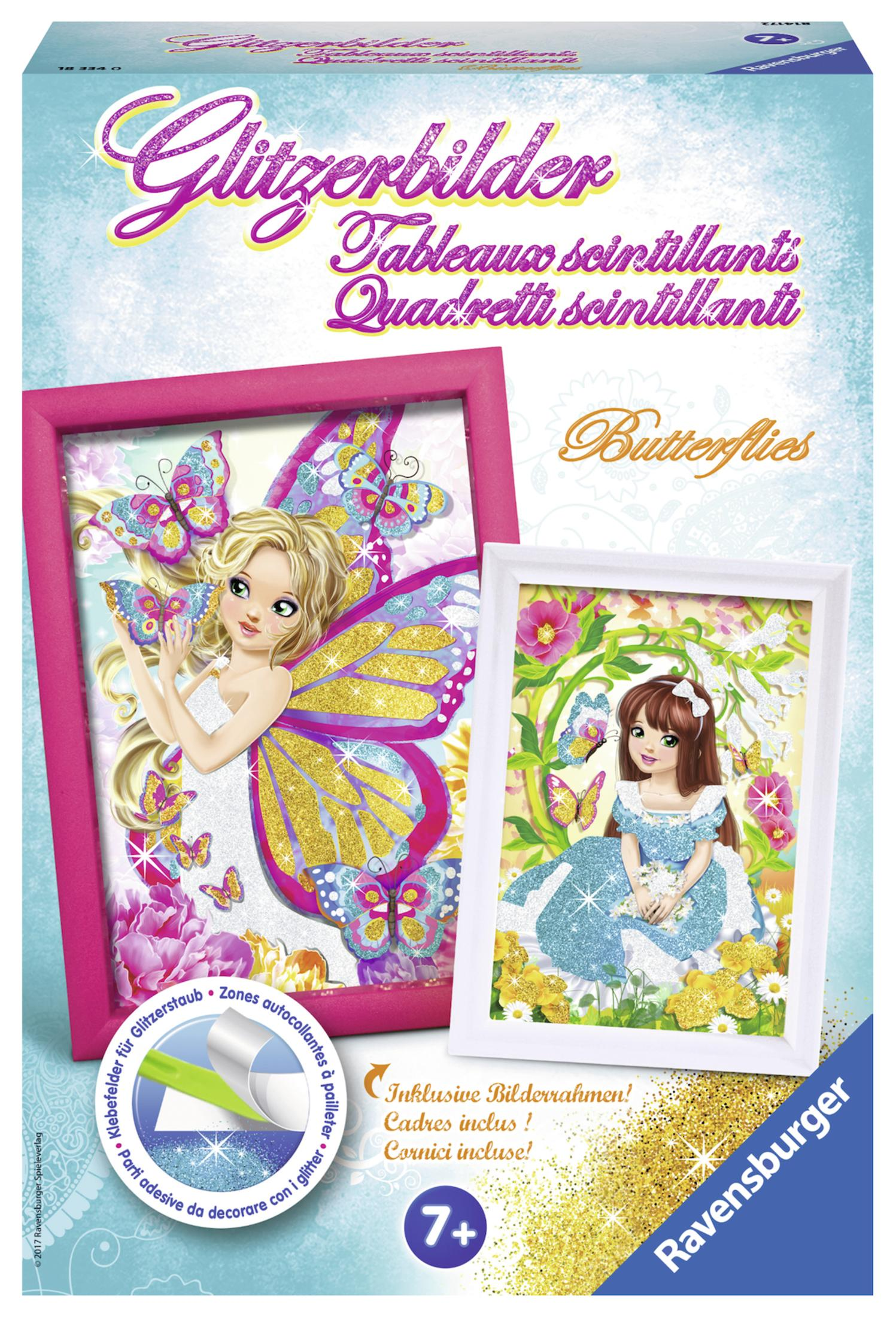 Box-Set mit zwei gerahmten Bildern von Mädchen, Glitzer und Schmetterlingstext.