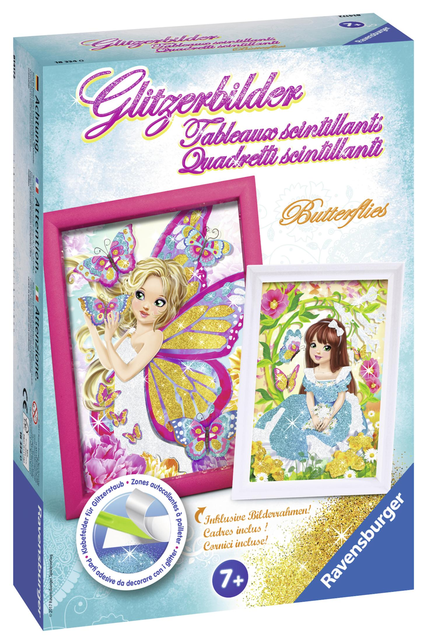 Eine Bastelbox mit einem rosa gerahmten Bild und einem Mädchen mit Schmetterlingsflügeln.
