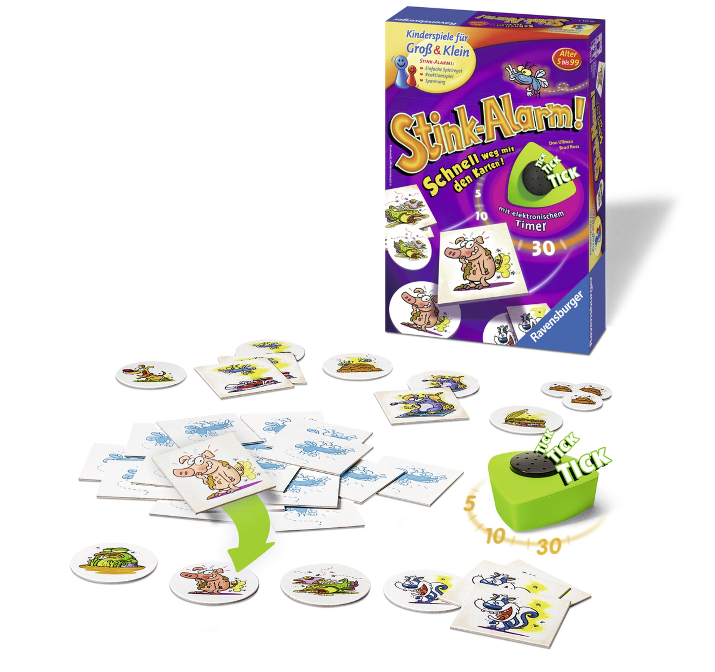Brettspiel mit Box, Karten und Spielsteinen, zeigt ein Schwein mit grünem Timer.