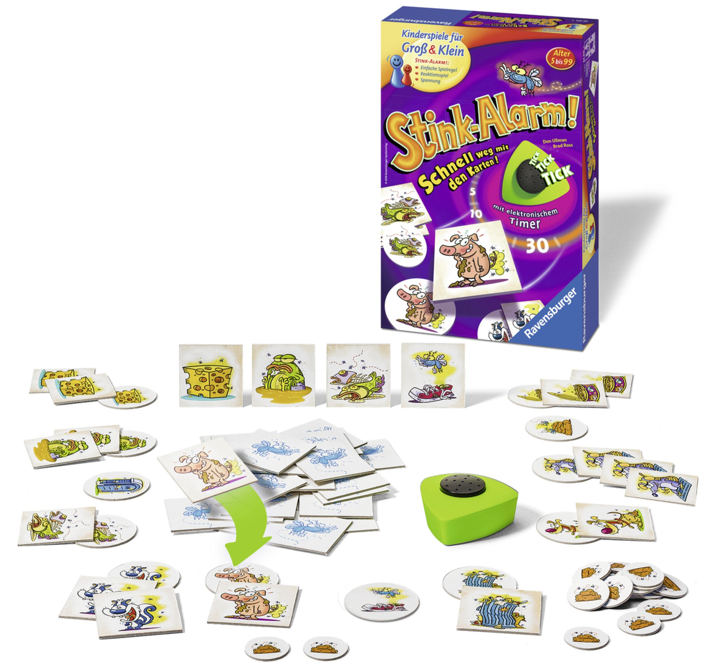 Ein Brettspiel mit Karten und einem Timer, mit Cartoon-Schwein-Illustrationen.