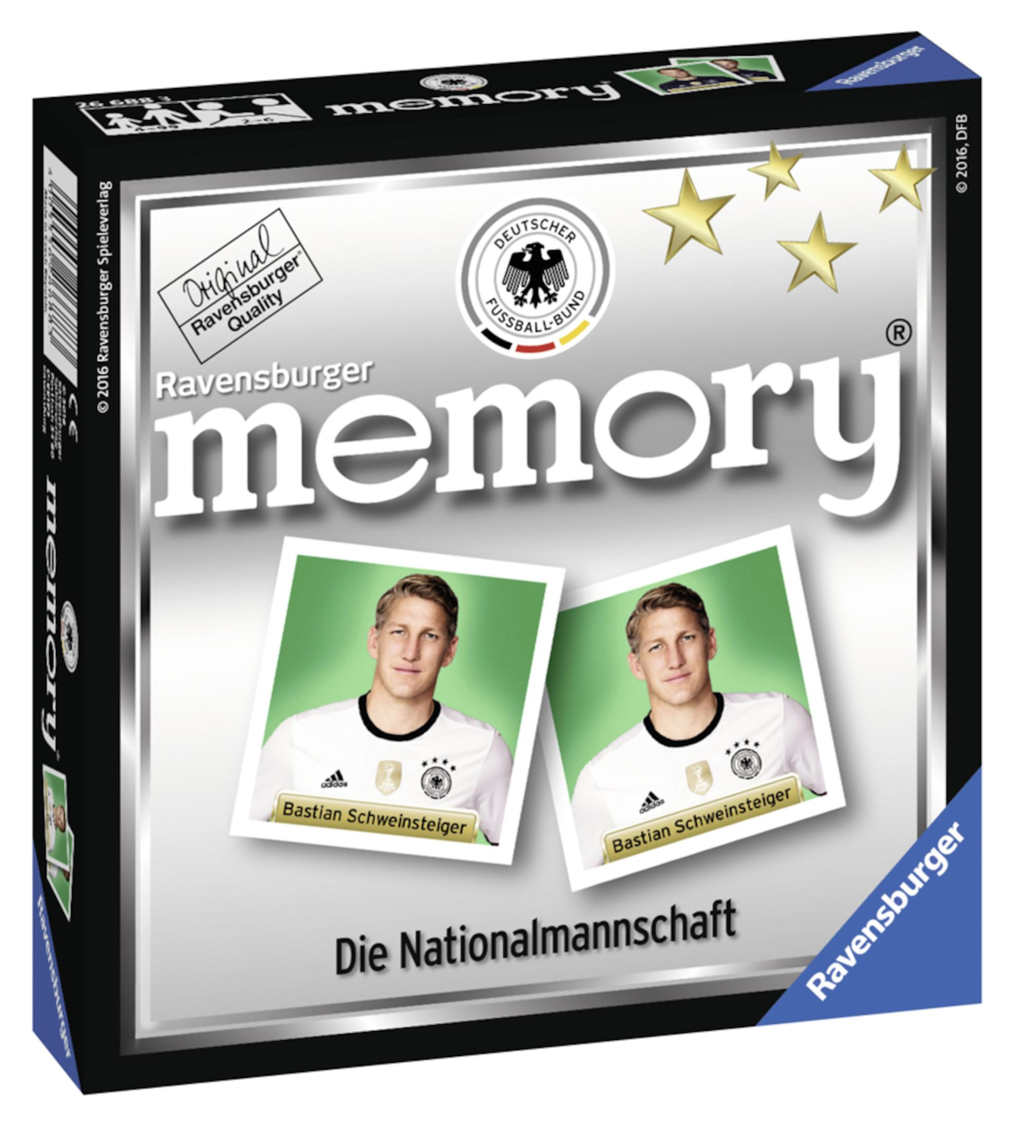 Boxspiel 'Memory' mit Fußballerbildern. Es ist ein Ravensburger-Produkt.