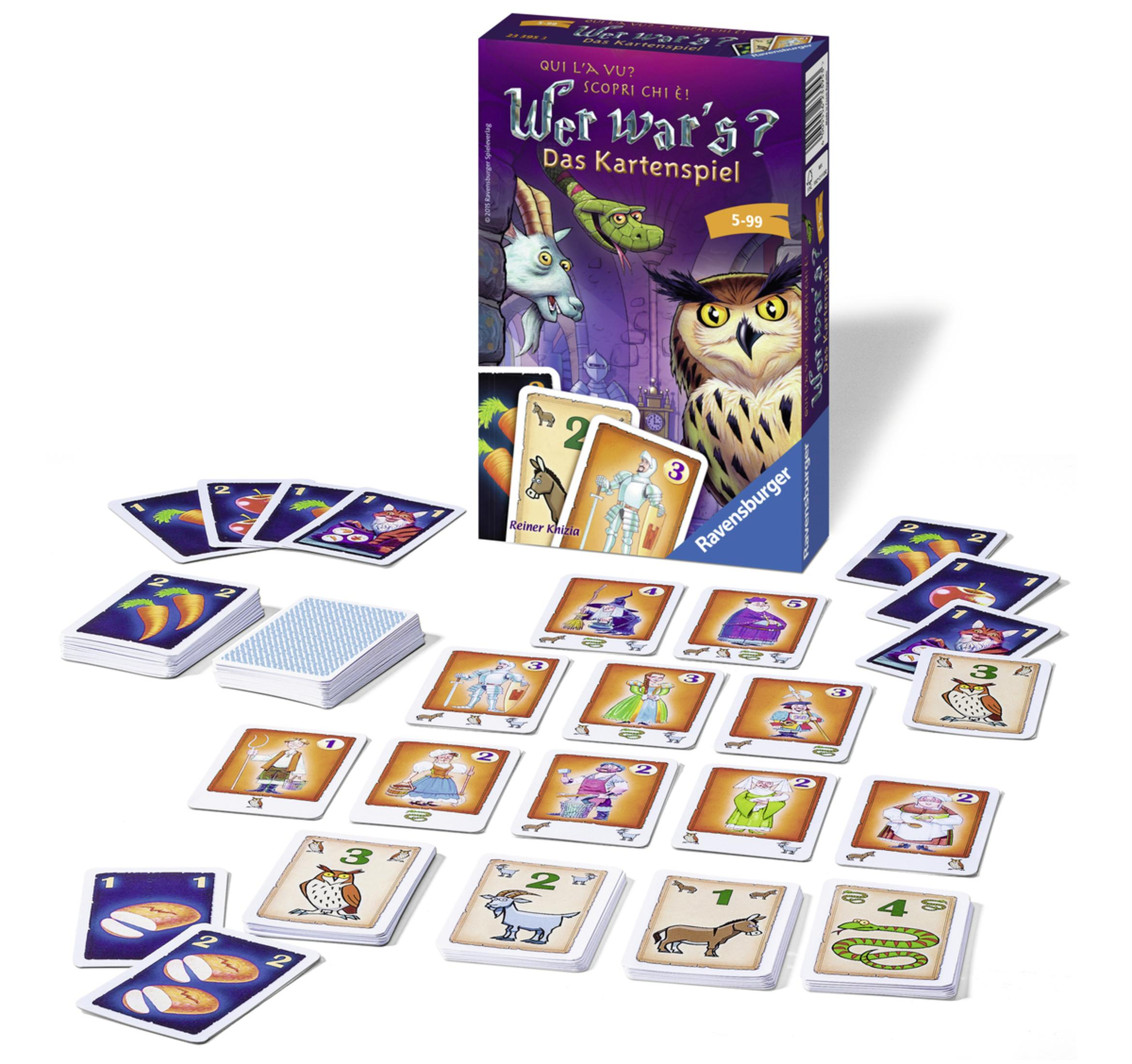 Wer war's? Kartenspielbox und Karten, verschiedene Charaktere dargestellt.