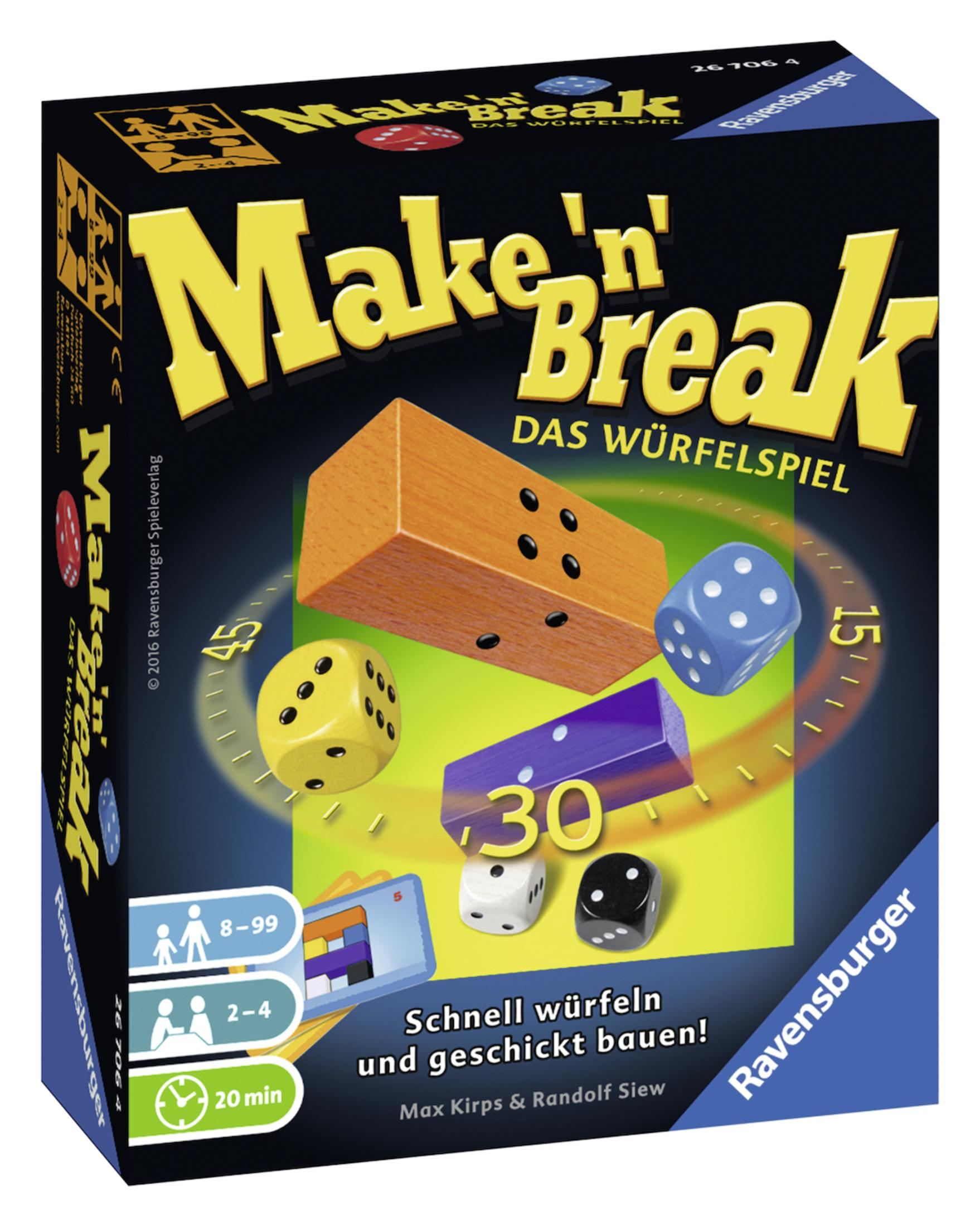 Schachtel des Spiels Make 'n' Break mit Spielsteinen und Würfeln. Gelbe und blaue Farben.