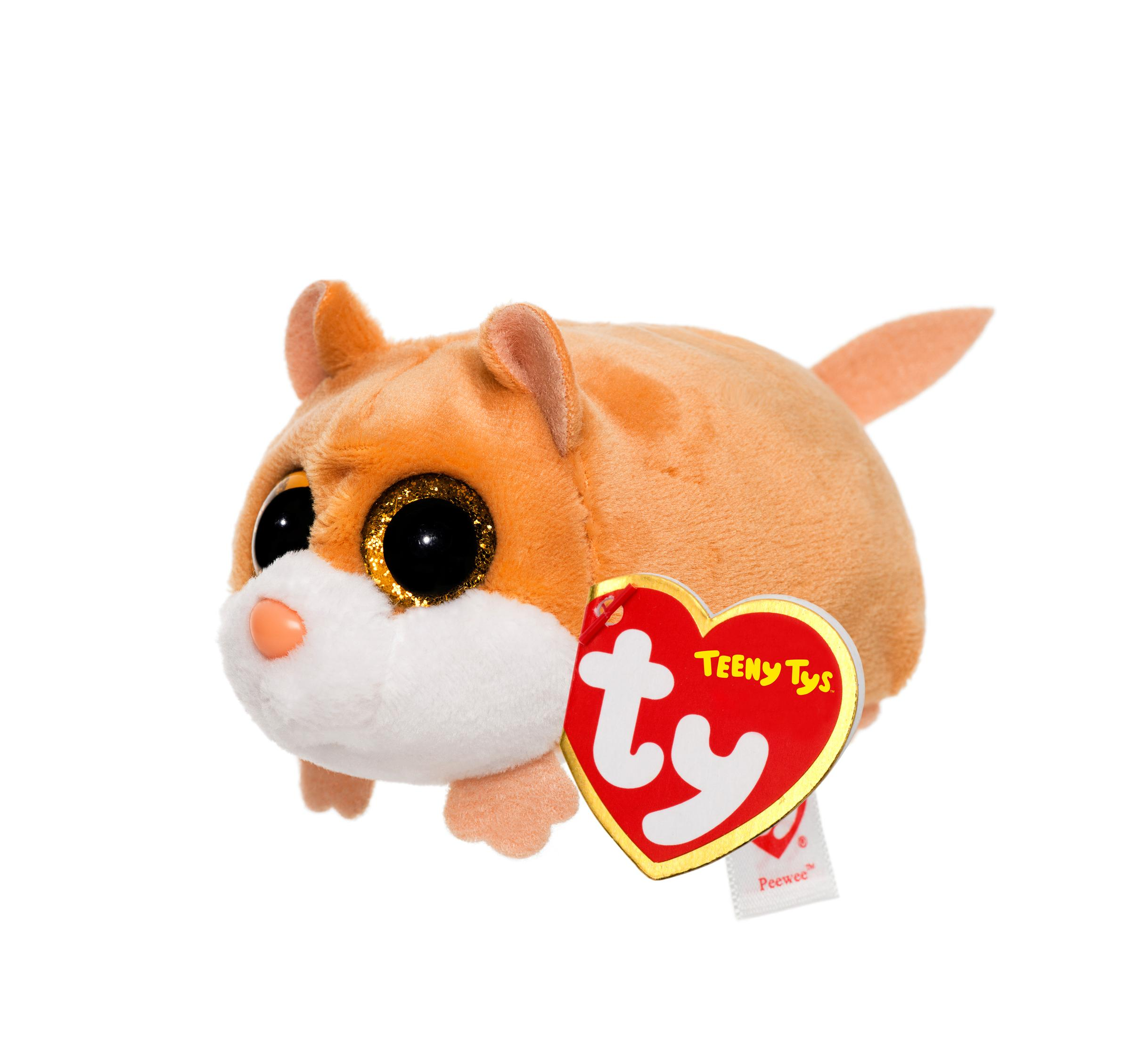 Ein orangefarbenes Hamster-Plüschtier mit großen, glitzernden Augen und einem roten Herz-Anhänger auf weißem Grund.
