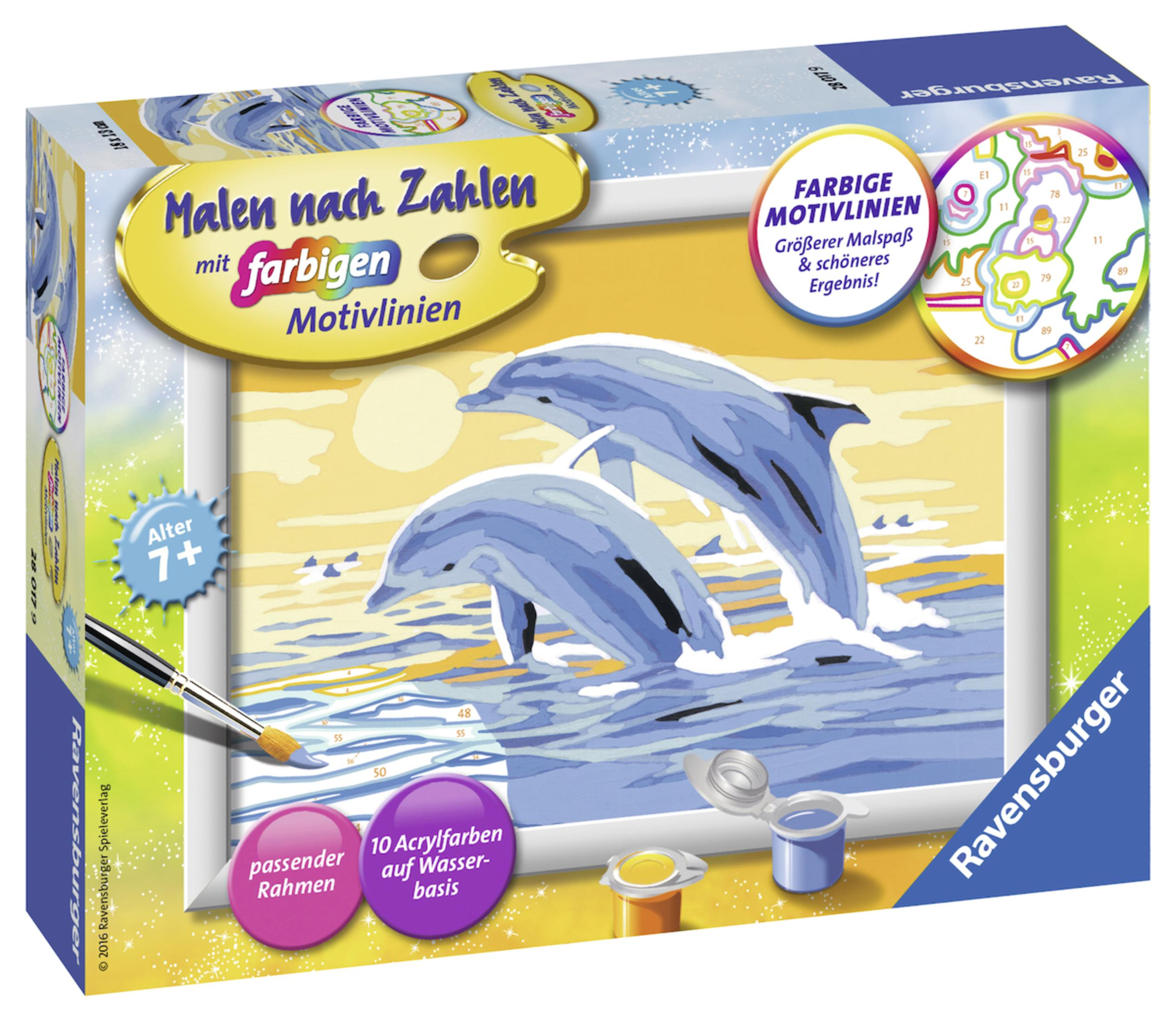 Ein Malen-nach-Zahlen-Set mit zwei Delfinen, die im Meer springen. Das Set enthält Farben und Pinsel.