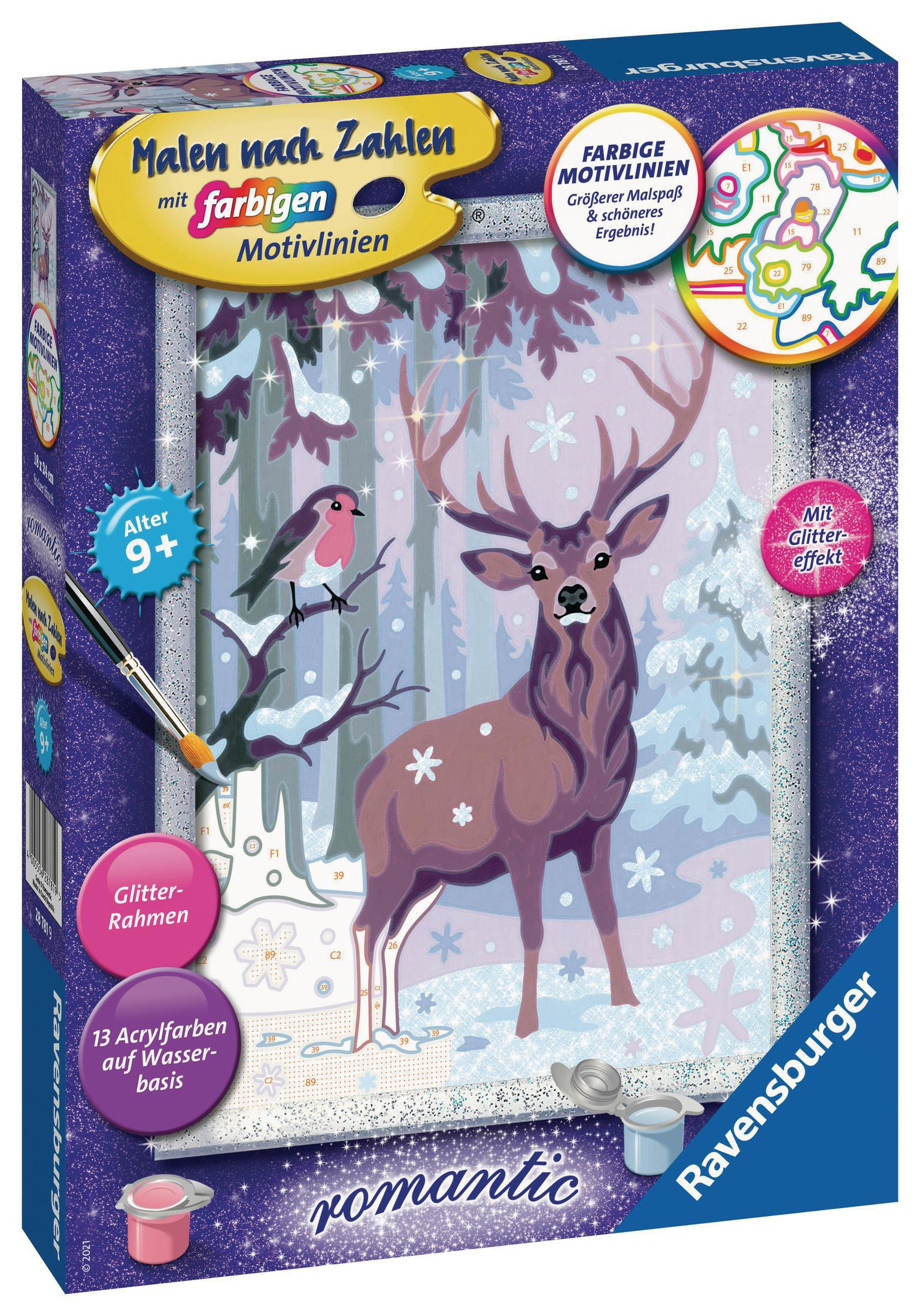 Ein Malen-nach-Zahlen-Set mit einer Winterszene mit einem Hirsch, Bäumen und einer verschneiten Landschaft.