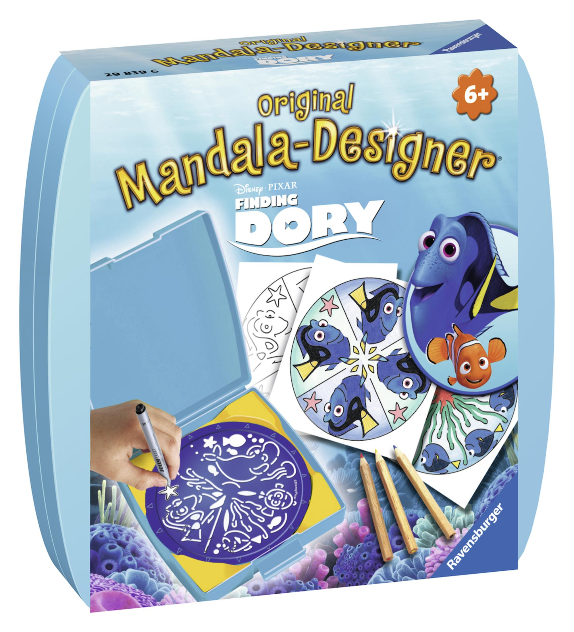 Eine blaue Bastelset-Box mit Mandala-Design. Es zeigt Disneys Finding Dory, mit Zeichenwerkzeugen im Inneren.
