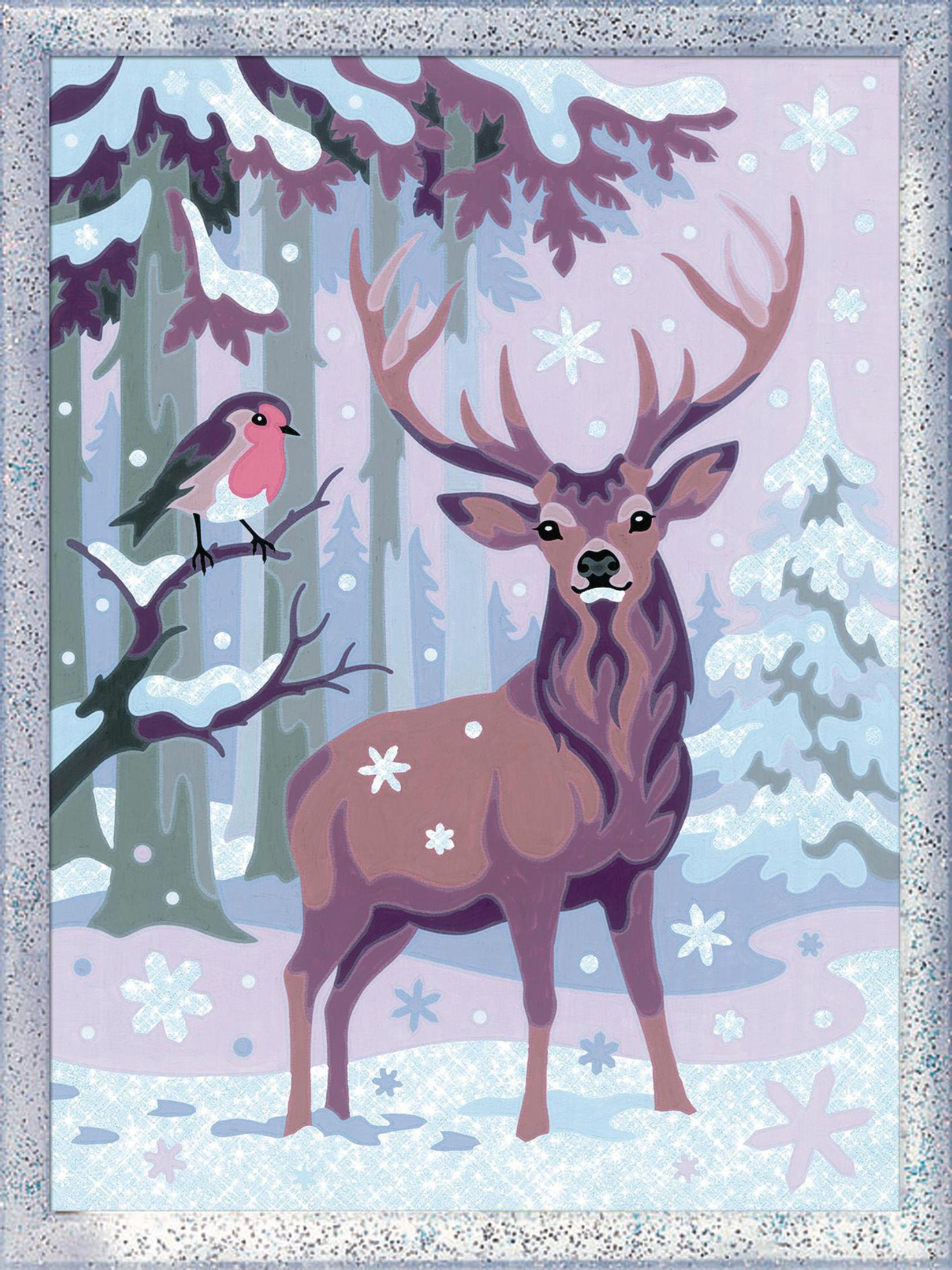 Eine Winterszene mit einem Hirsch und einem Vogel auf einem Ast, umgeben von schneebedeckten Bäumen und Schneeflocken.