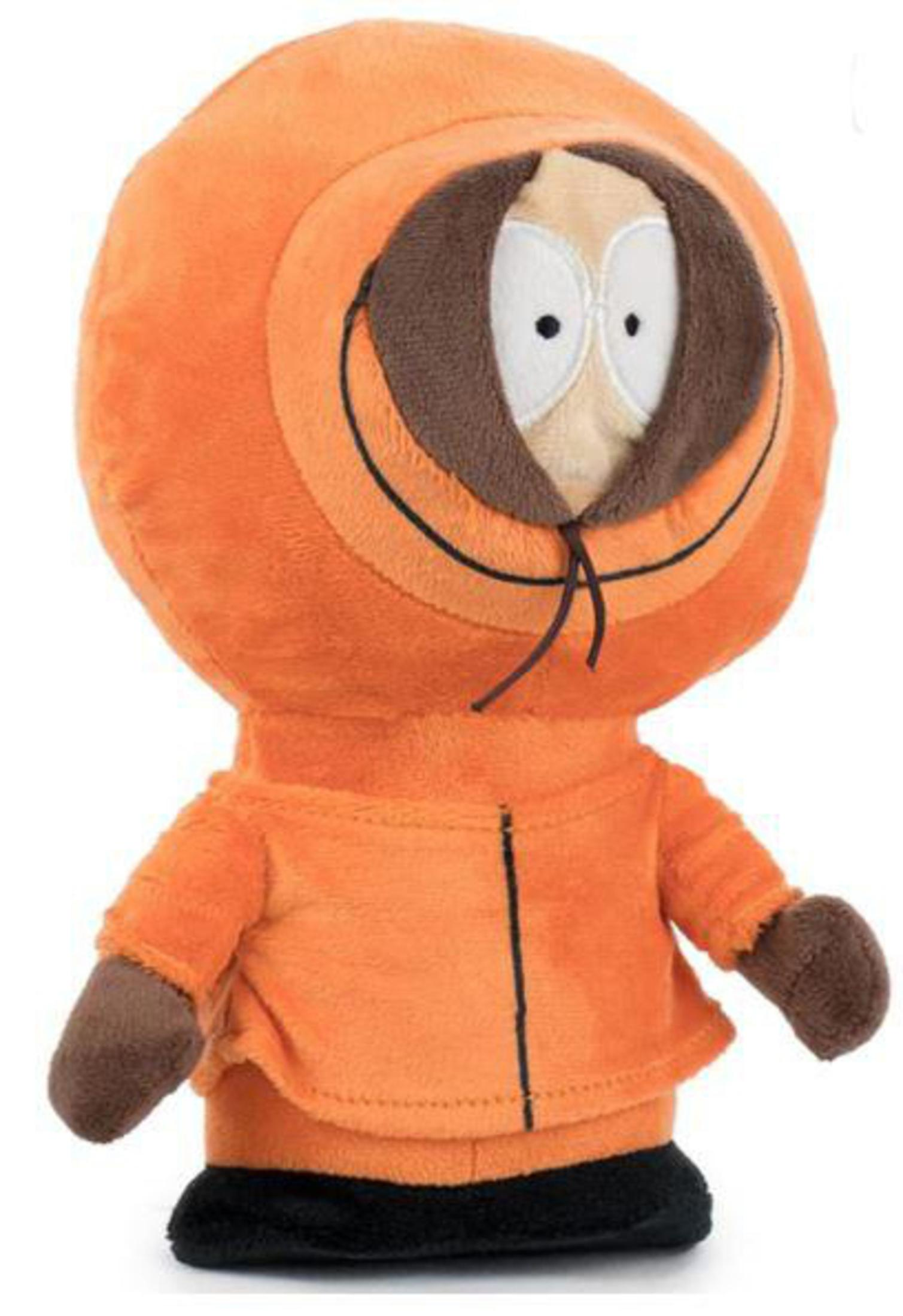 Oranges Kenny-Plüschtier aus South Park. Kenny trägt eine Kapuze. Weißer Hintergrund.