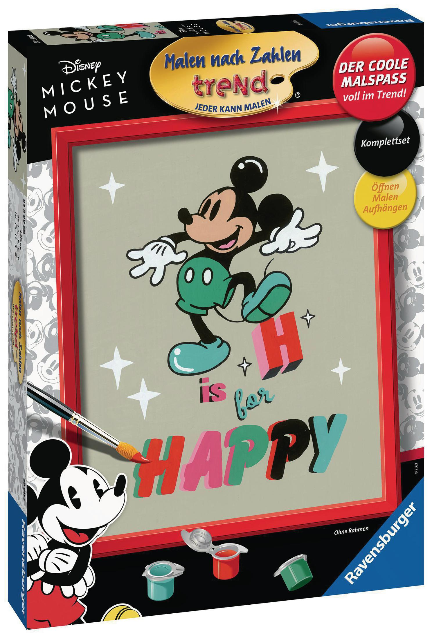 Eine Box mit Mickey Mouse Kunst. Die Box hat eine Zeichnung von Mickey Mouse mit HAPPY.