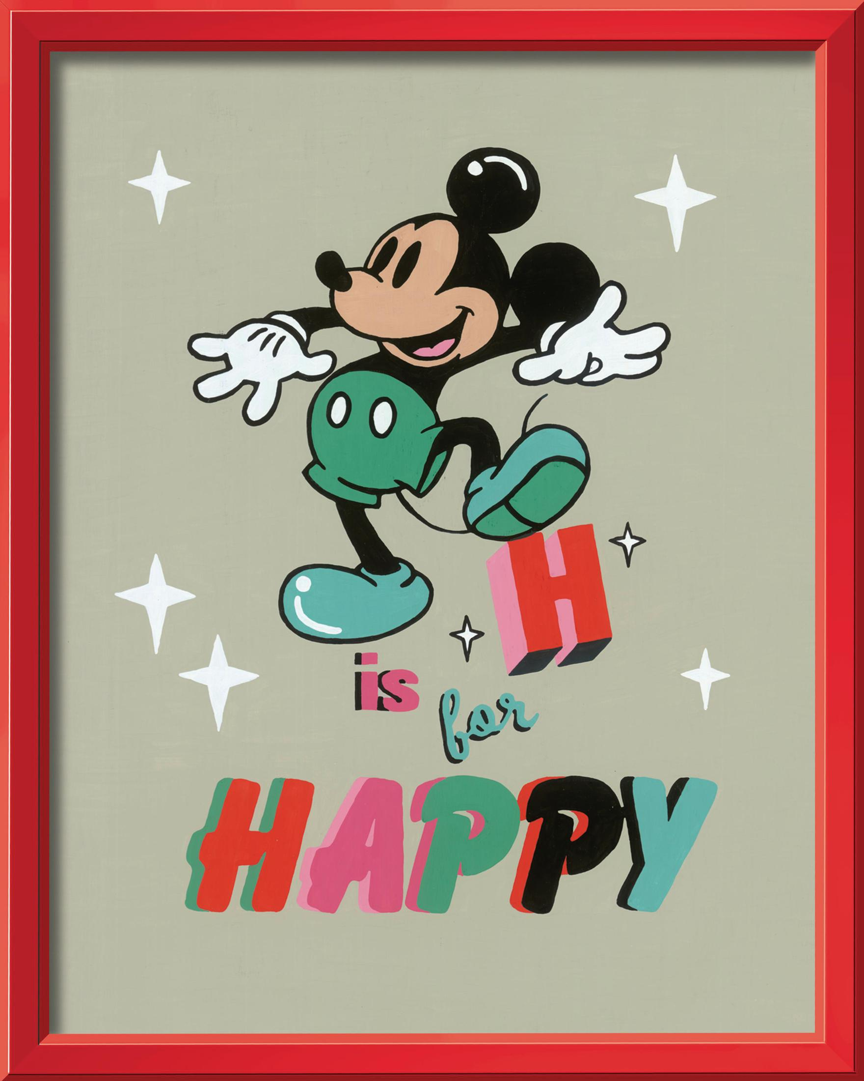 Mickey Mouse lächelt, steht auf einem bunten Design mit Sternen und dem Text: „H steht für HAPPY“.