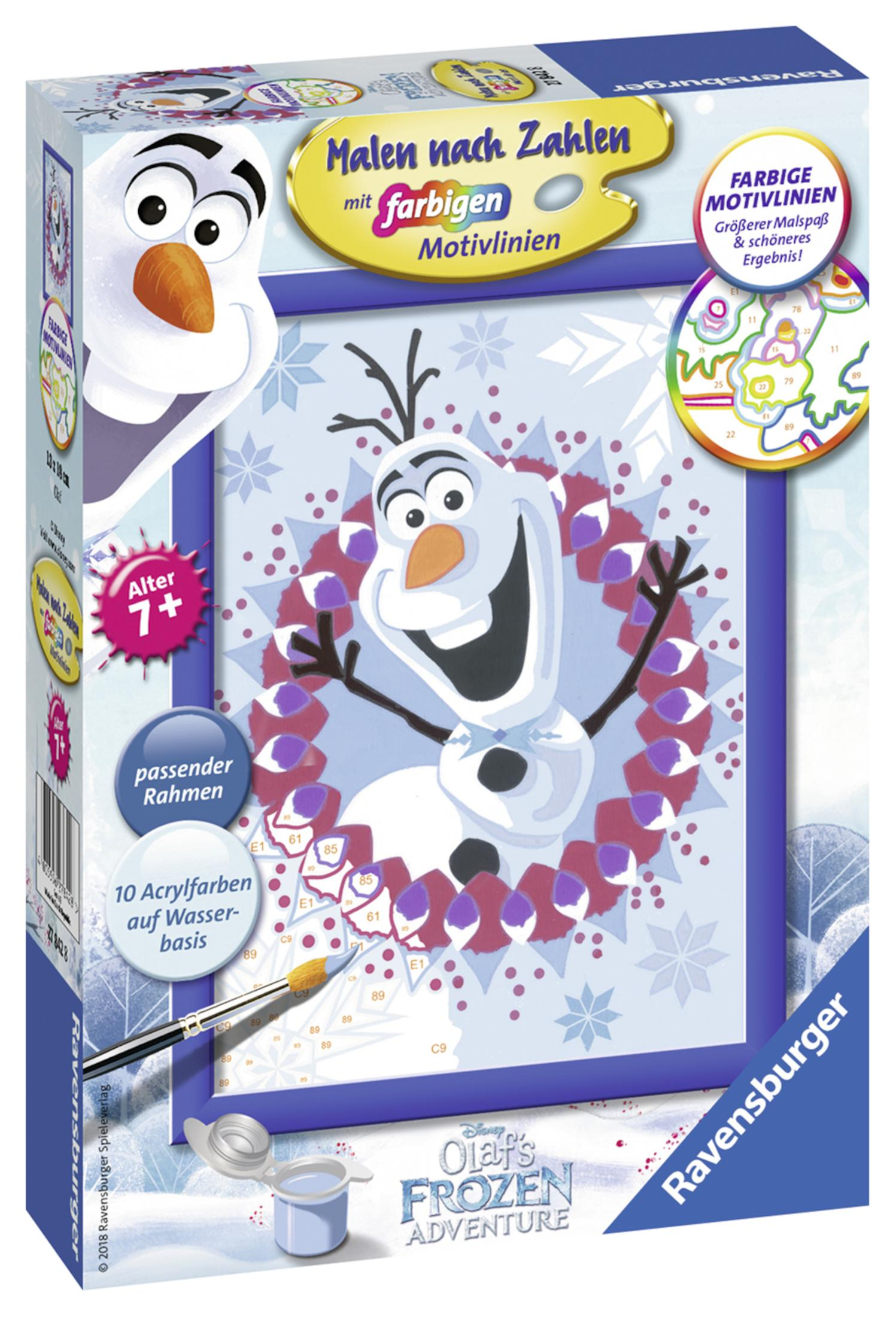 Ein Malen-nach-Zahlen-Set mit Olaf aus Frozen, mit Farbtöpfen, Rahmen und einem Pinsel.