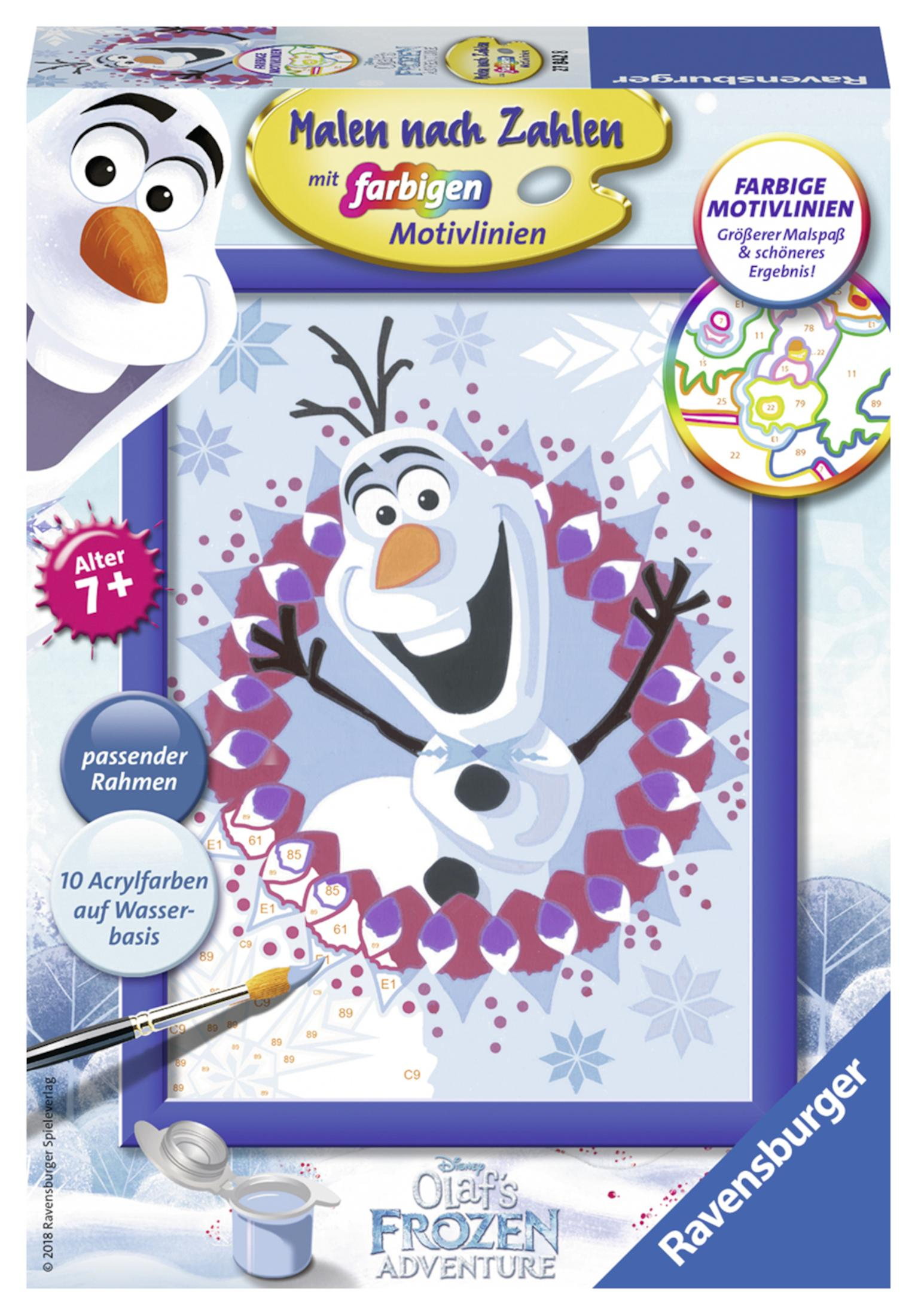 Malen nach Zahlen Set mit Olaf. Enthält Farbe, Pinsel und einen Rahmen.