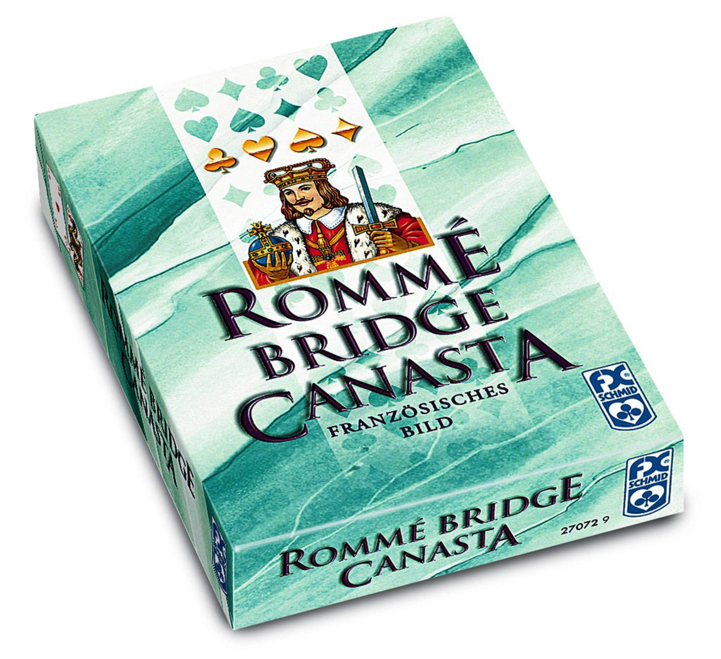Eine geschlossene Rommé Bridge Canasta Kartenspielbox mit einem grün-weißen Marmordesign.