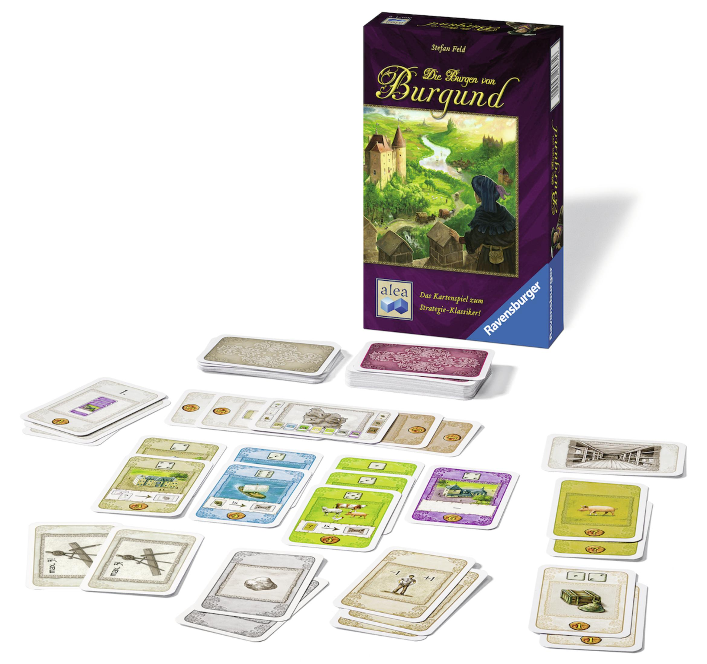 Eine Brettspielbox und Spielsteine auf einer weißen Oberfläche.