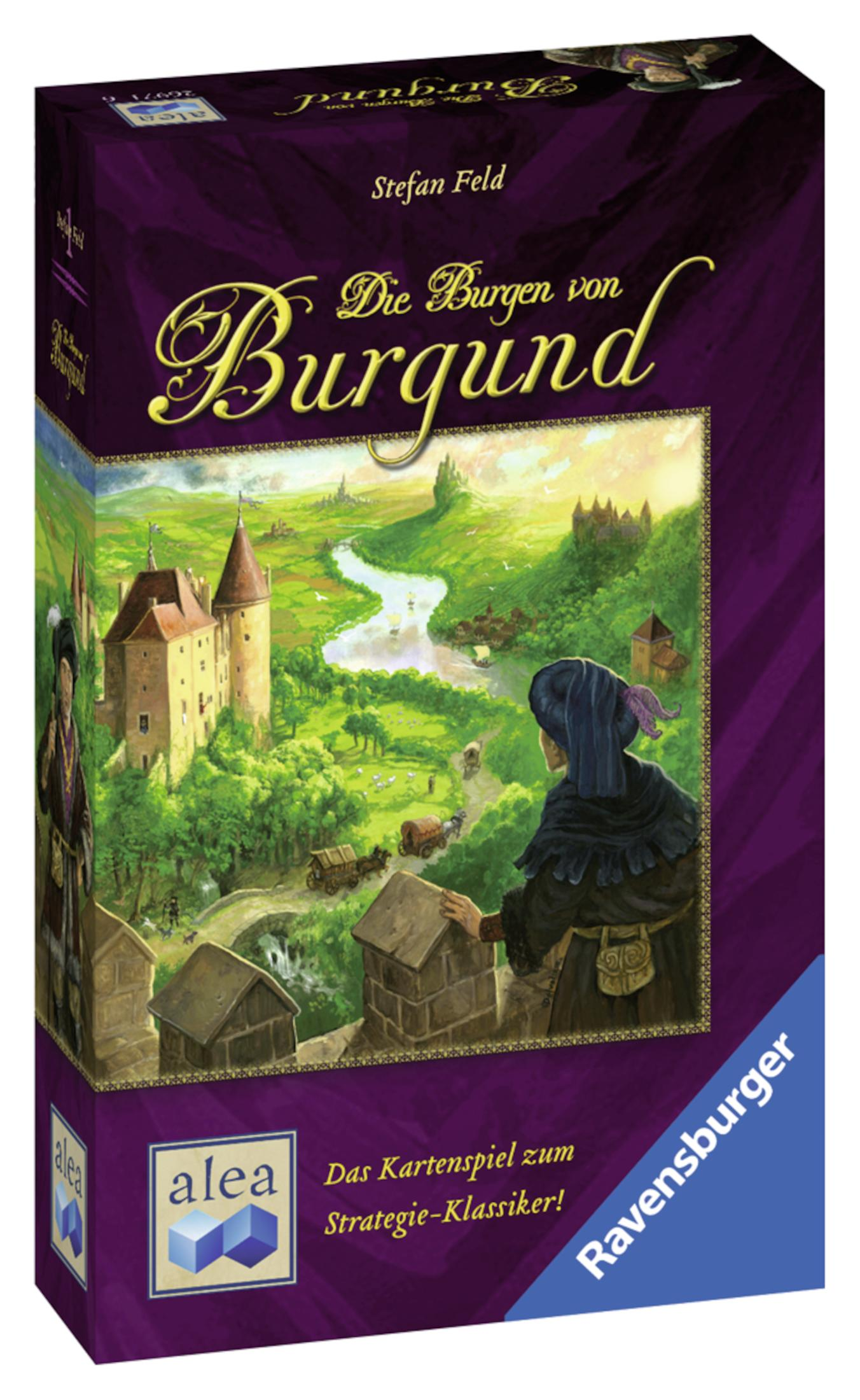 Brettspielbox mit Illustrationen. Die Box zeigt eine Burgszene und eine Frau auf einer Mauer.