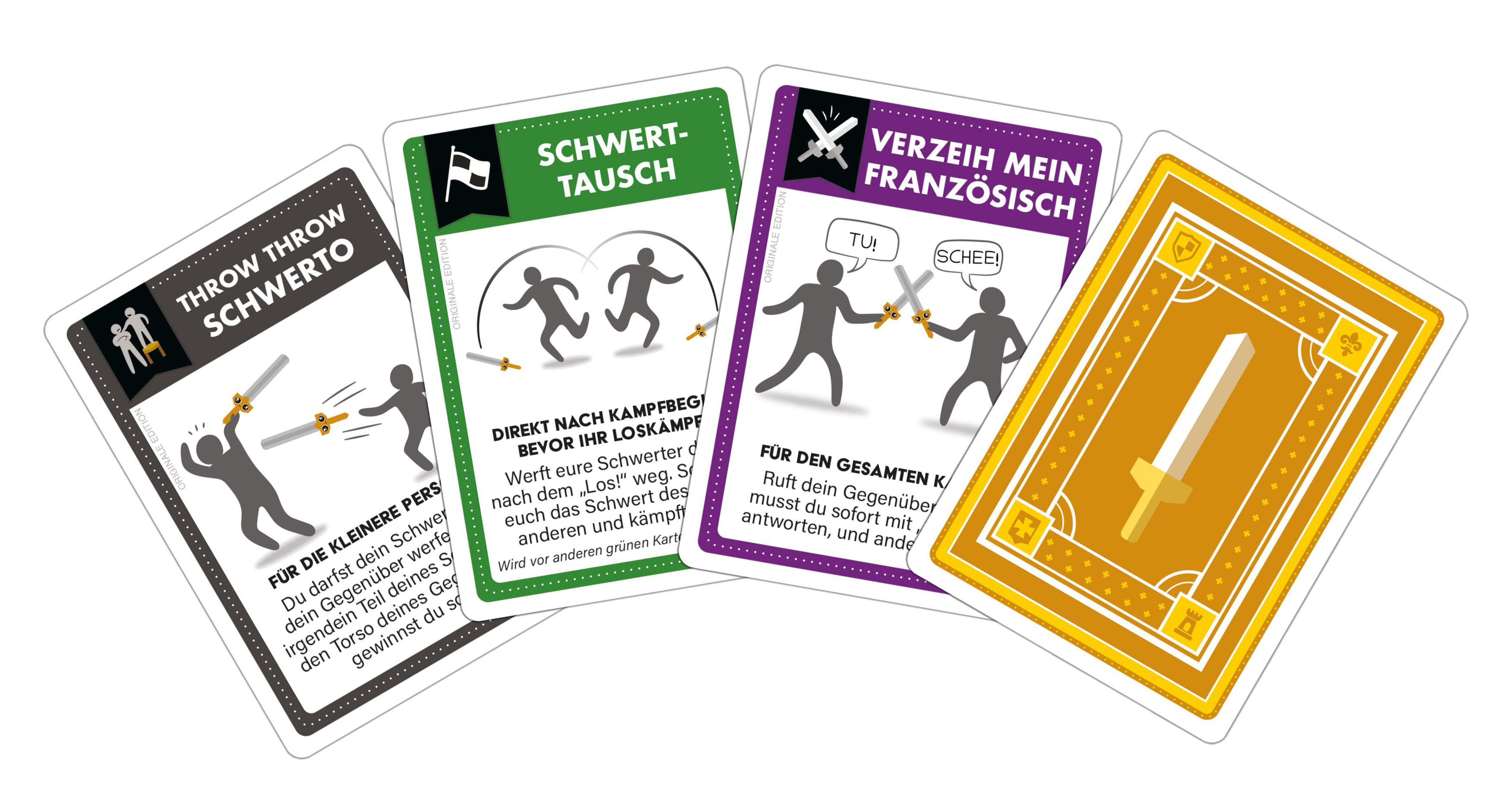 Quatre cartes de jeu avec des illustrations d'escrime et des instructions.