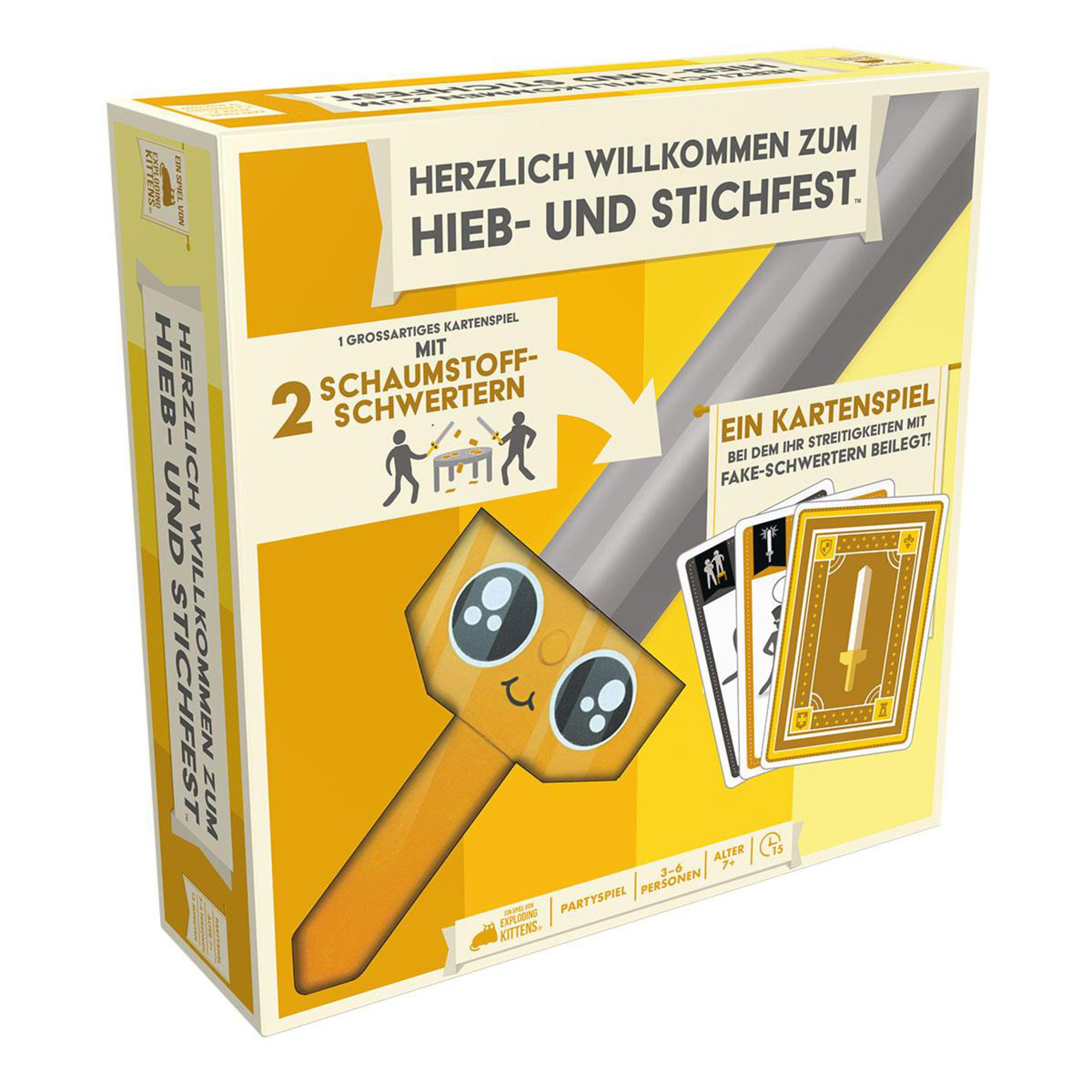 Une boîte de jeu de société avec une épée jouet. La boîte dit : Hieb- und Stichfest.