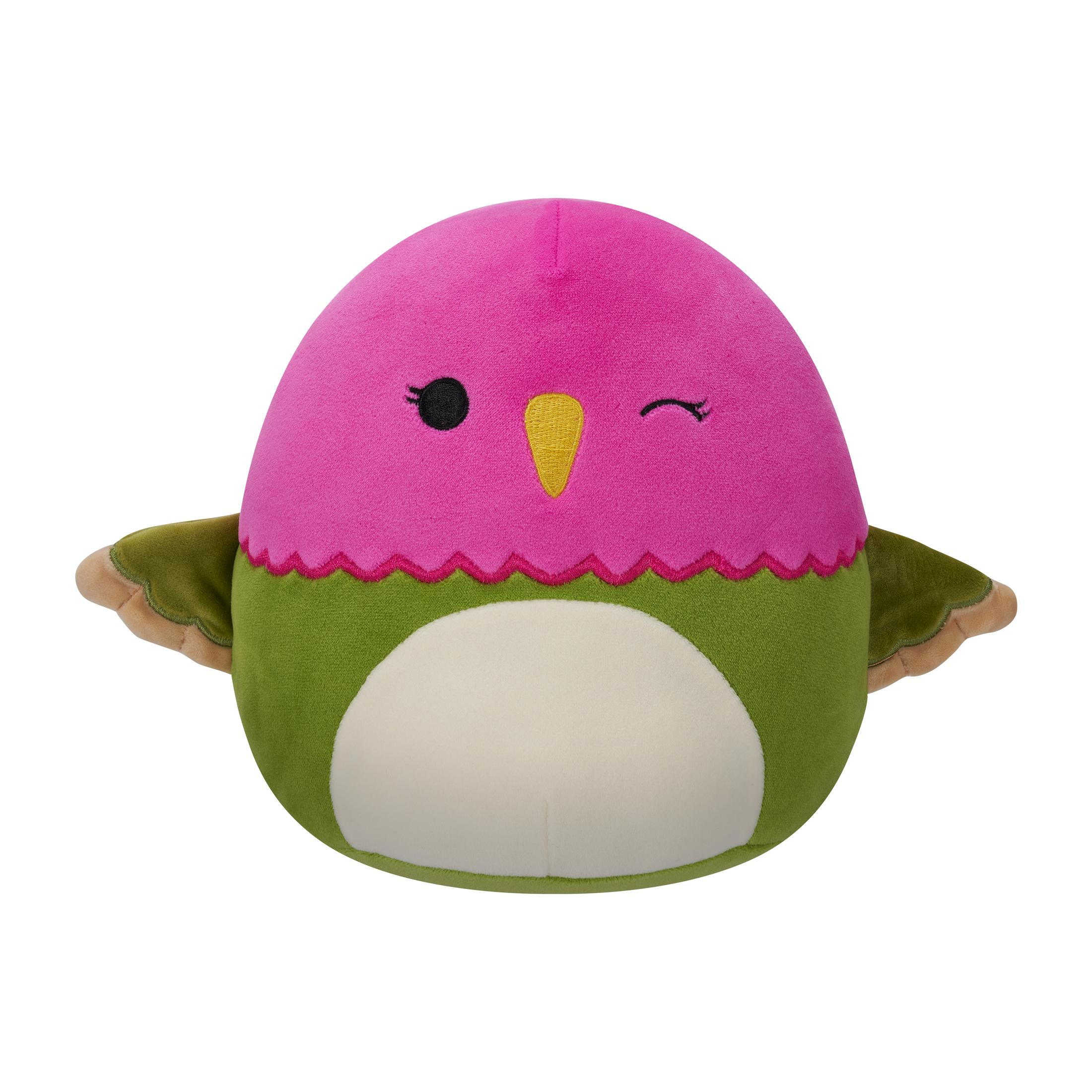 Peluche di uccello dei cartoni animati, testa rosa e corpo verde.