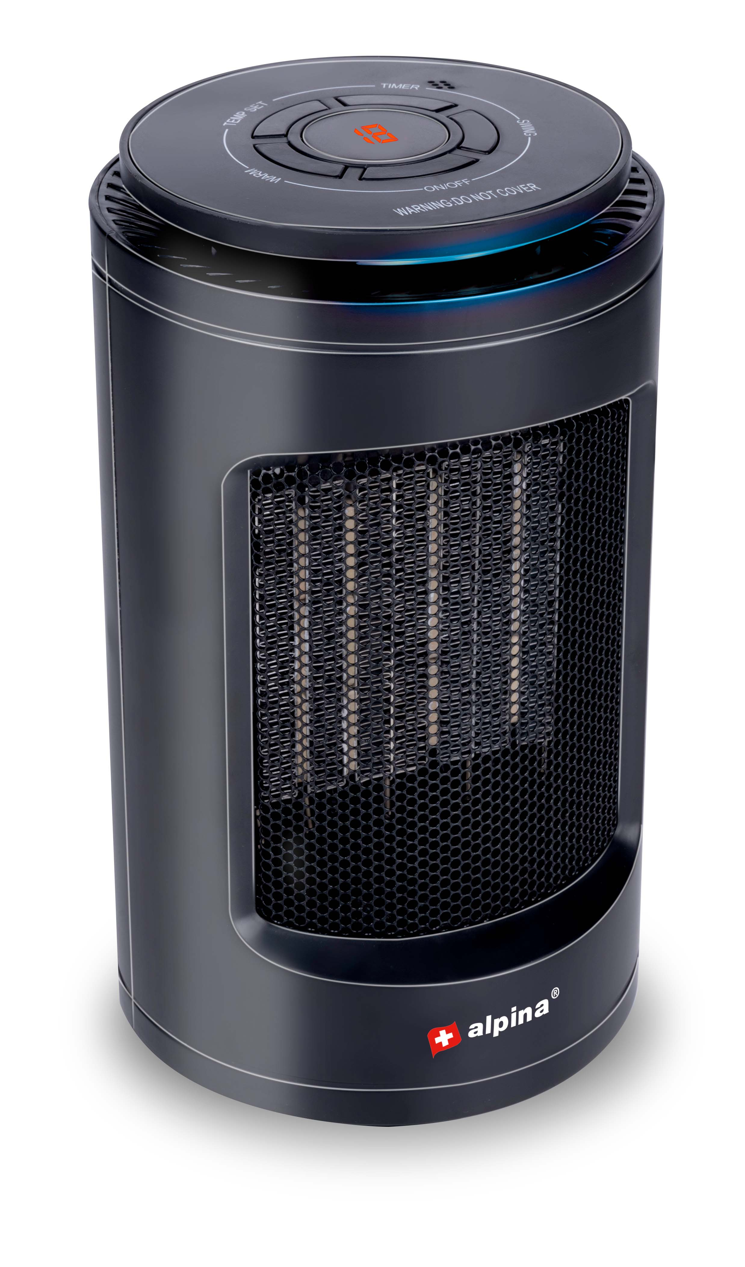 Een zwarte, cilindrische ruimteverwarmer met een scherm. Merknaam is 'alpina'.