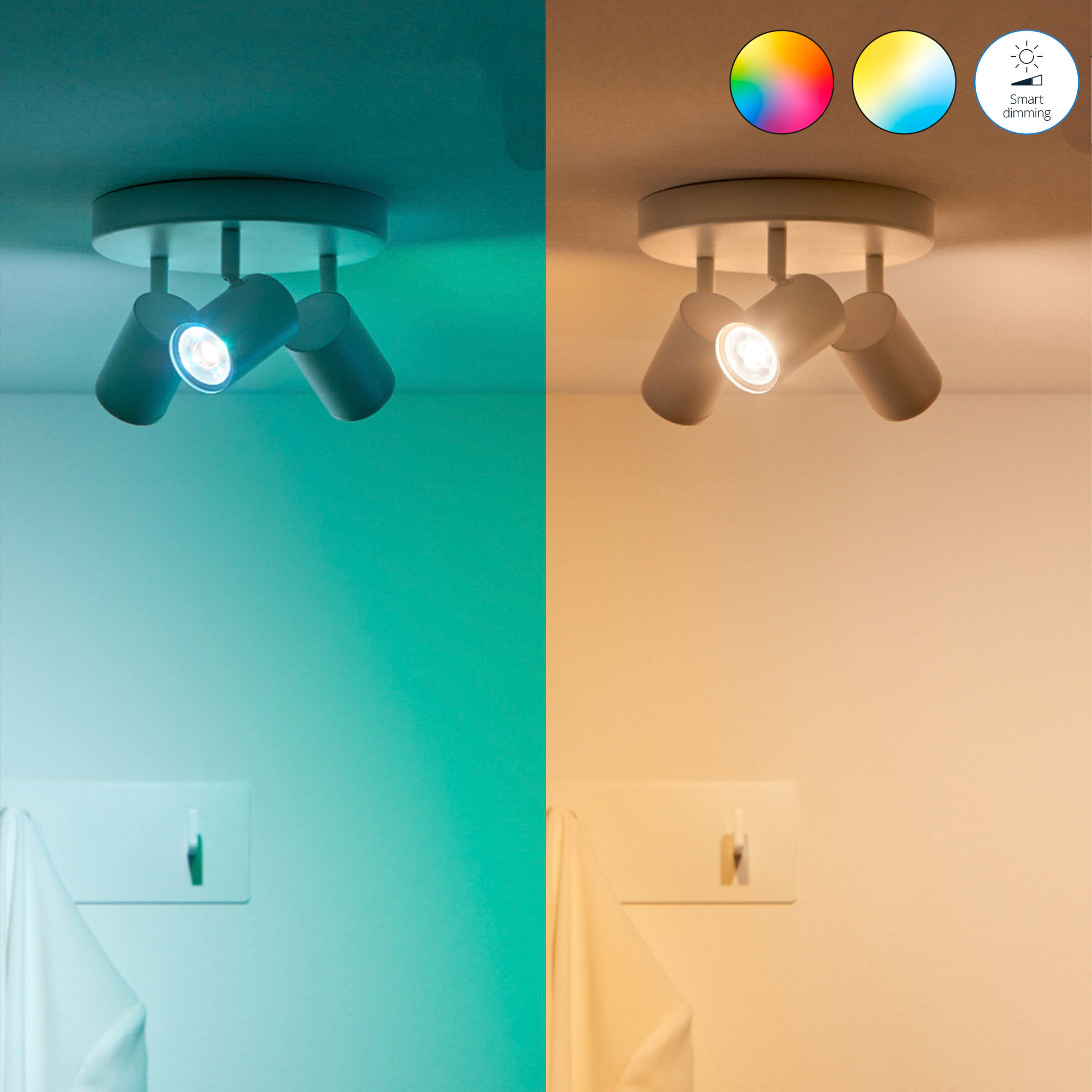 Oświetlenie sufitowe z trzema białymi głowicami. Światła są włączone, a kolor jest regulowany.