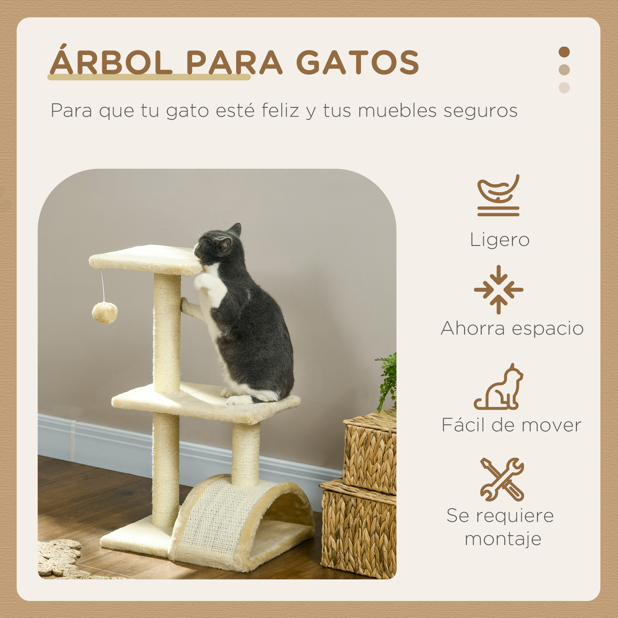 Gato en un árbol para gatos con juguetes e instrucciones para mantener a los gatos y los muebles seguros.
