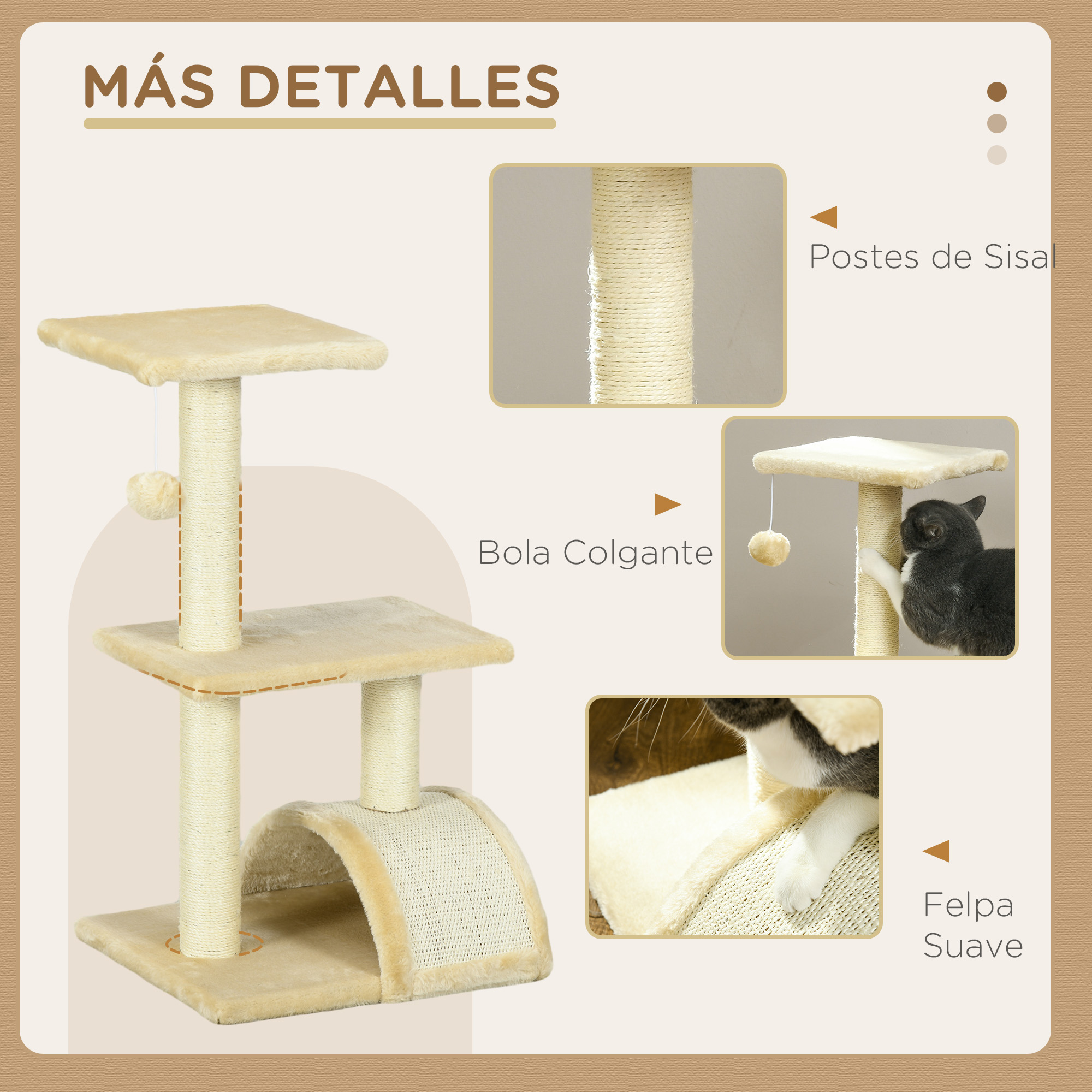 Un árbol para gatos beige con un túnel, plataformas y una bola colgante, sobre un fondo marrón claro.