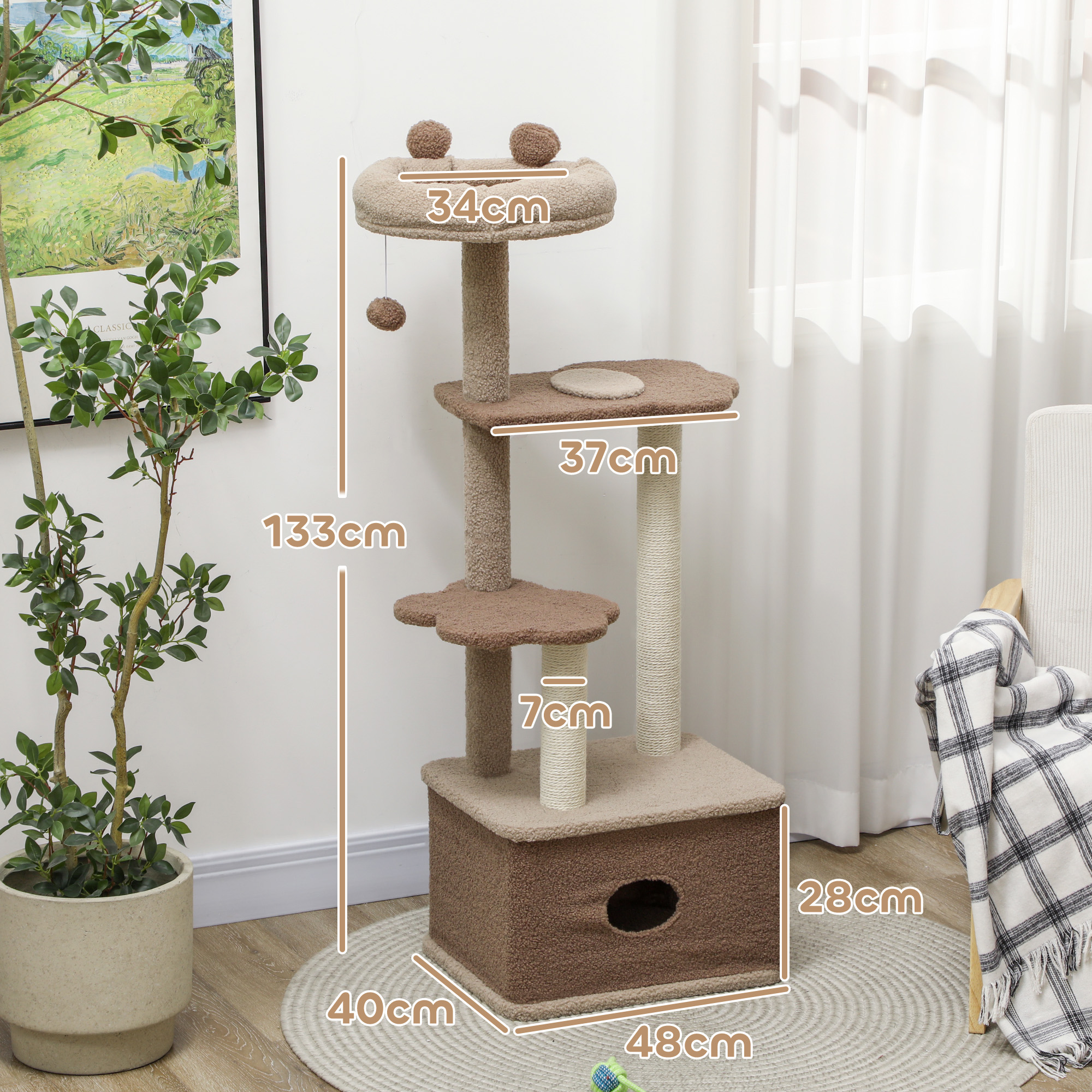 Árbol para gatos con múltiples niveles, dimensiones mostradas. Colores beige y marrón.