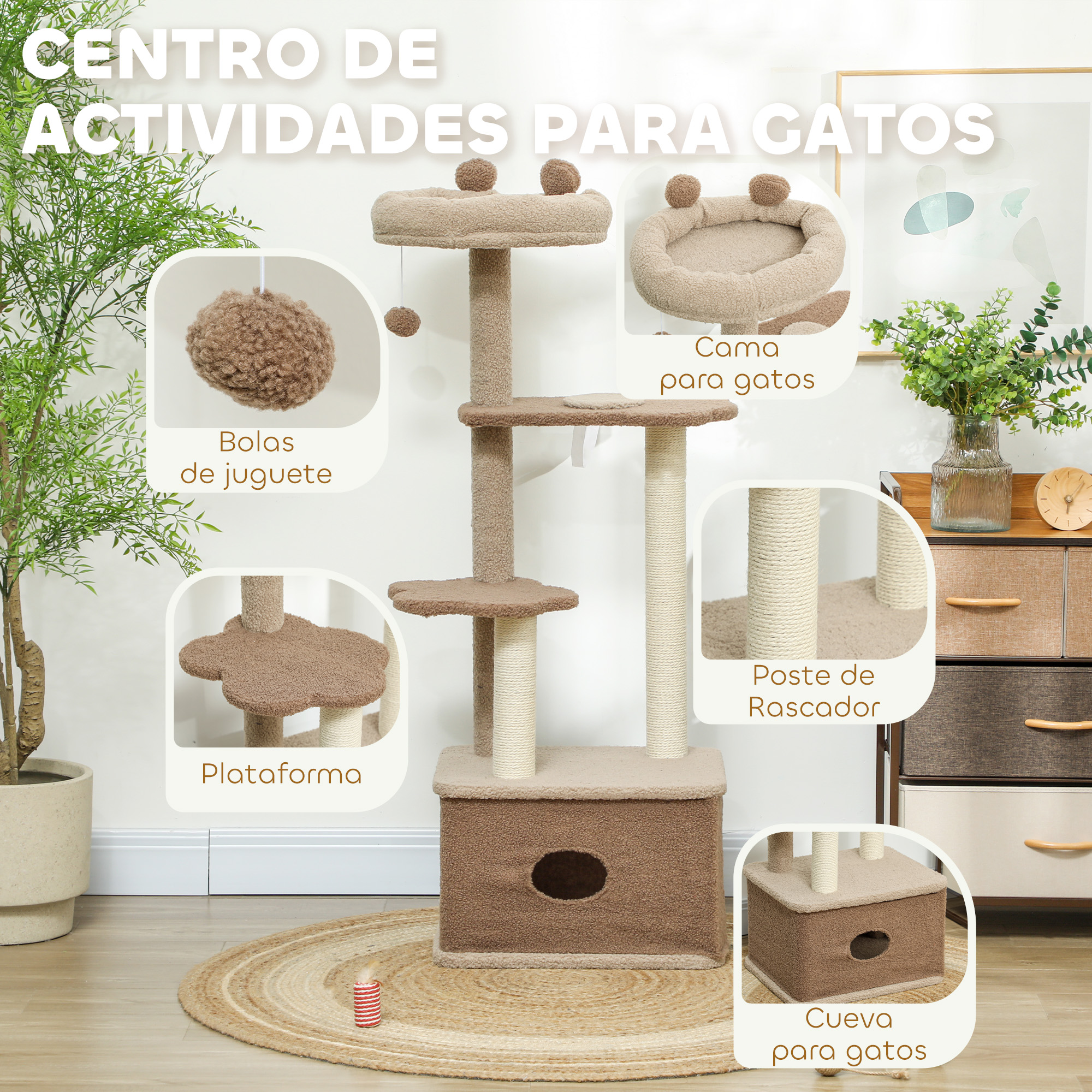 Un árbol para gatos con múltiples niveles, que incluyen una cama, plataformas y postes rascadores. El árbol para gatos es marrón y beige.