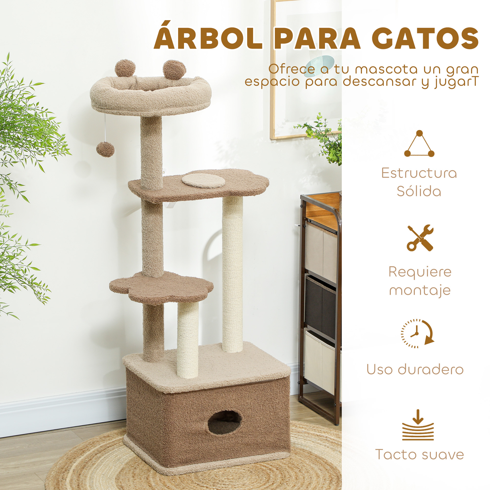 Un árbol para gatos con múltiples niveles, juguetes y una plataforma con forma de gato.