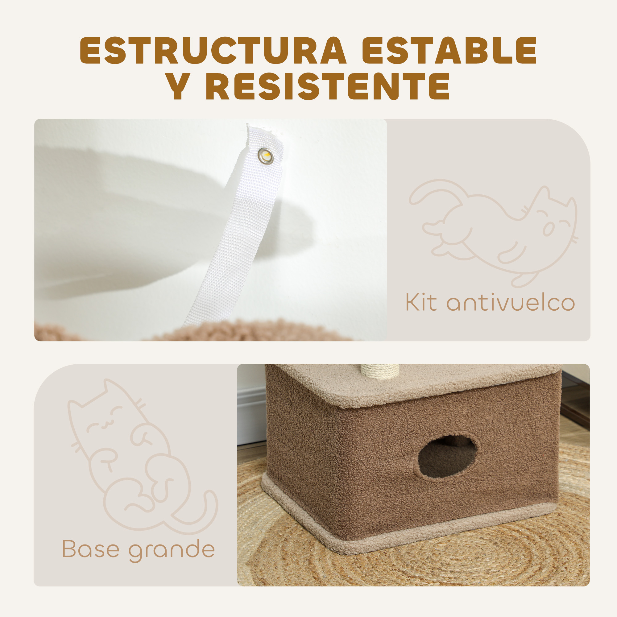 Primer plano del árbol para gatos: base de cama, correa colgante, contorno de gato y poste rascador marrón texturizado.