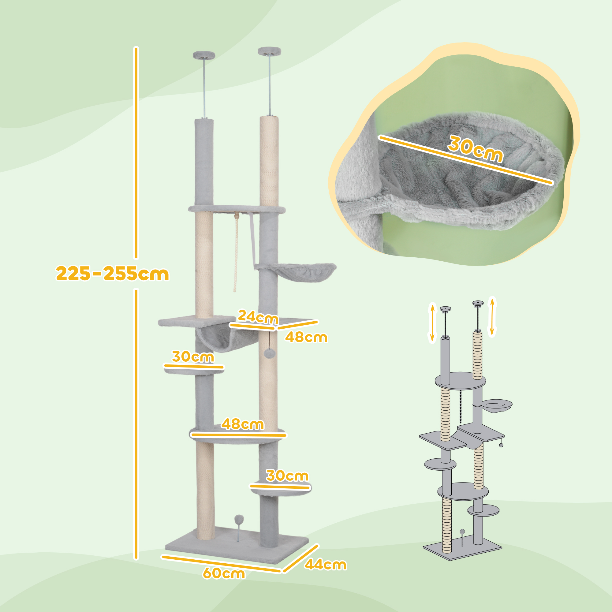 Un árbol para gatos alto con múltiples plataformas, mide 225-255 cm de altura.