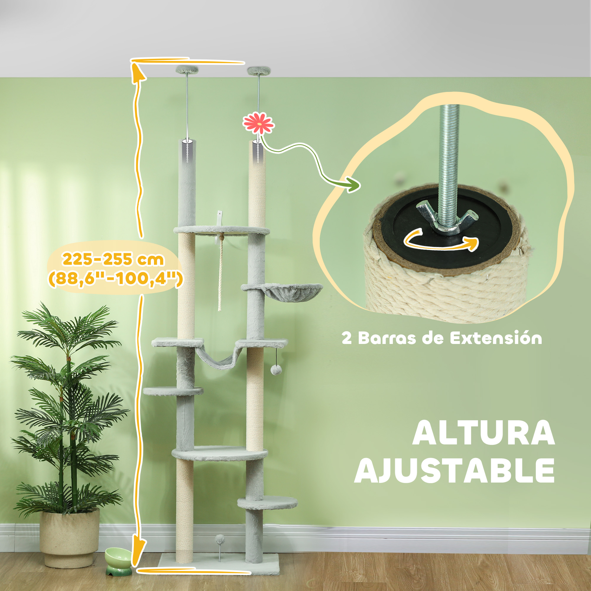 Árbol para gatos con múltiples niveles, perchas y postes rascadores, contra una pared verde.