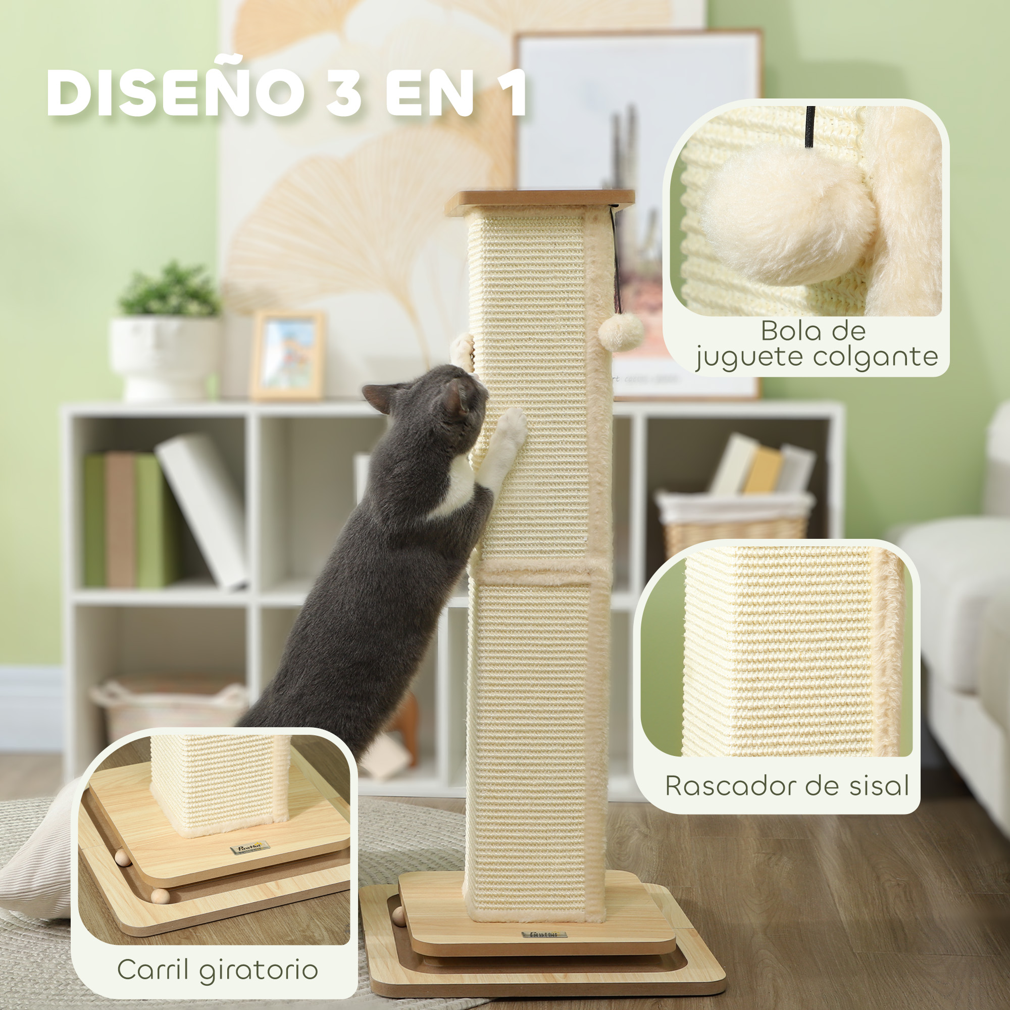 Un rascador para gatos con un gato jugando. Incluye una pista giratoria, rascador de sisal y juguete colgante.