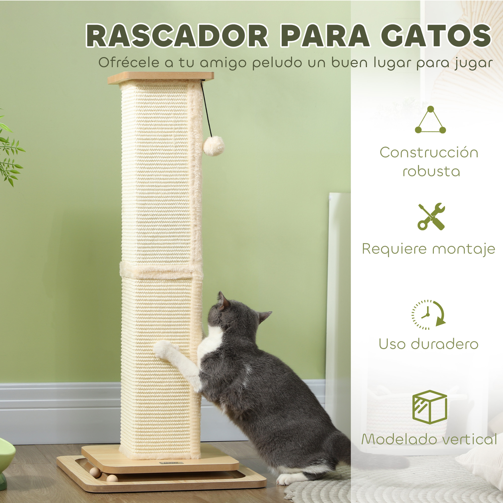 Un gato subiendo a un rascador. Características: construcción robusta, requiere montaje y uso duradero.