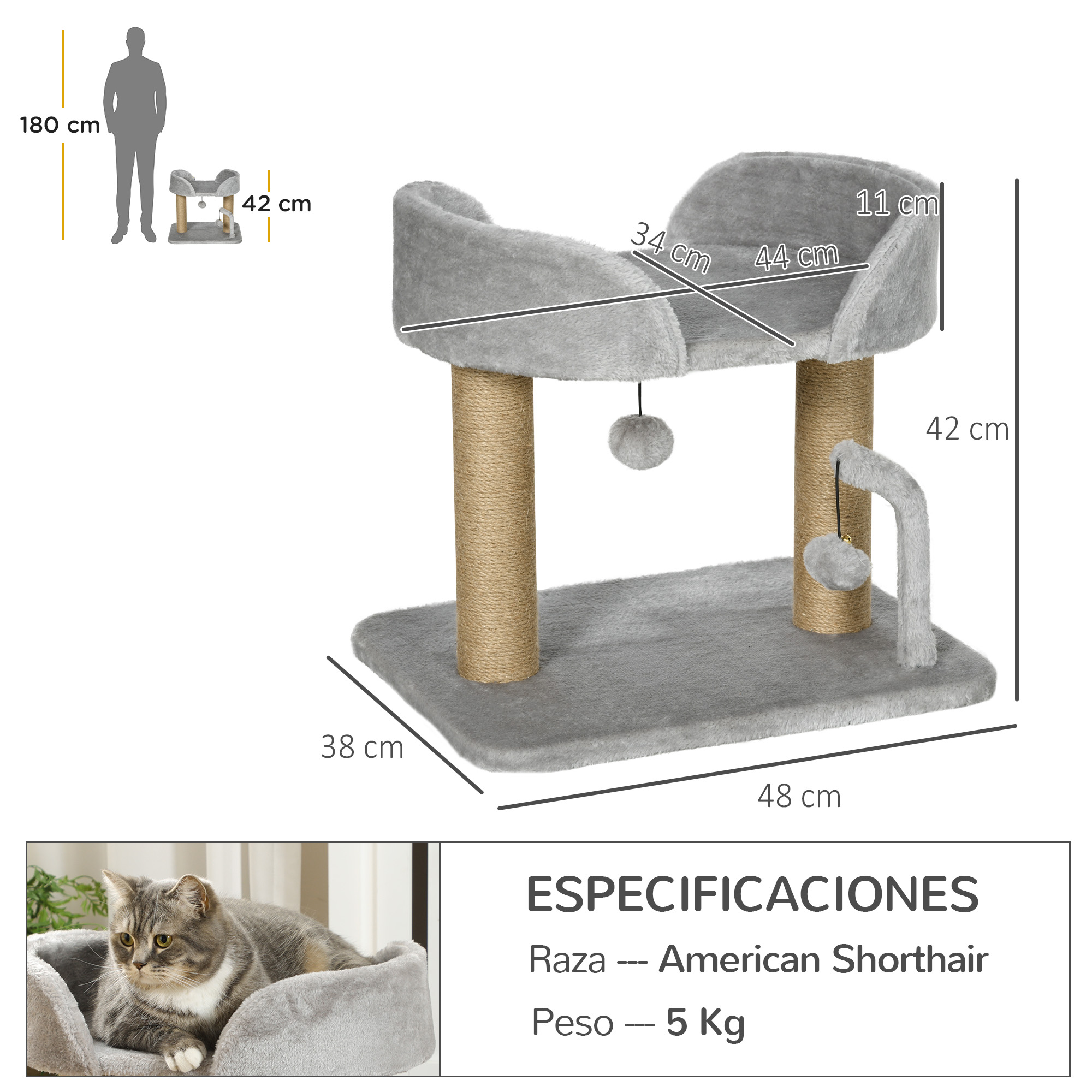 Un árbol para gatos gris con dimensiones, un gato American Shorthair y texto de especificaciones.
