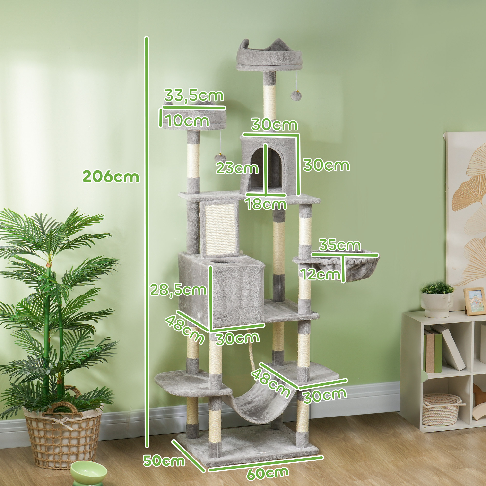 Un árbol para gatos alto con varias plataformas, una hamaca y una casa para gatos, con dimensiones etiquetadas en verde.