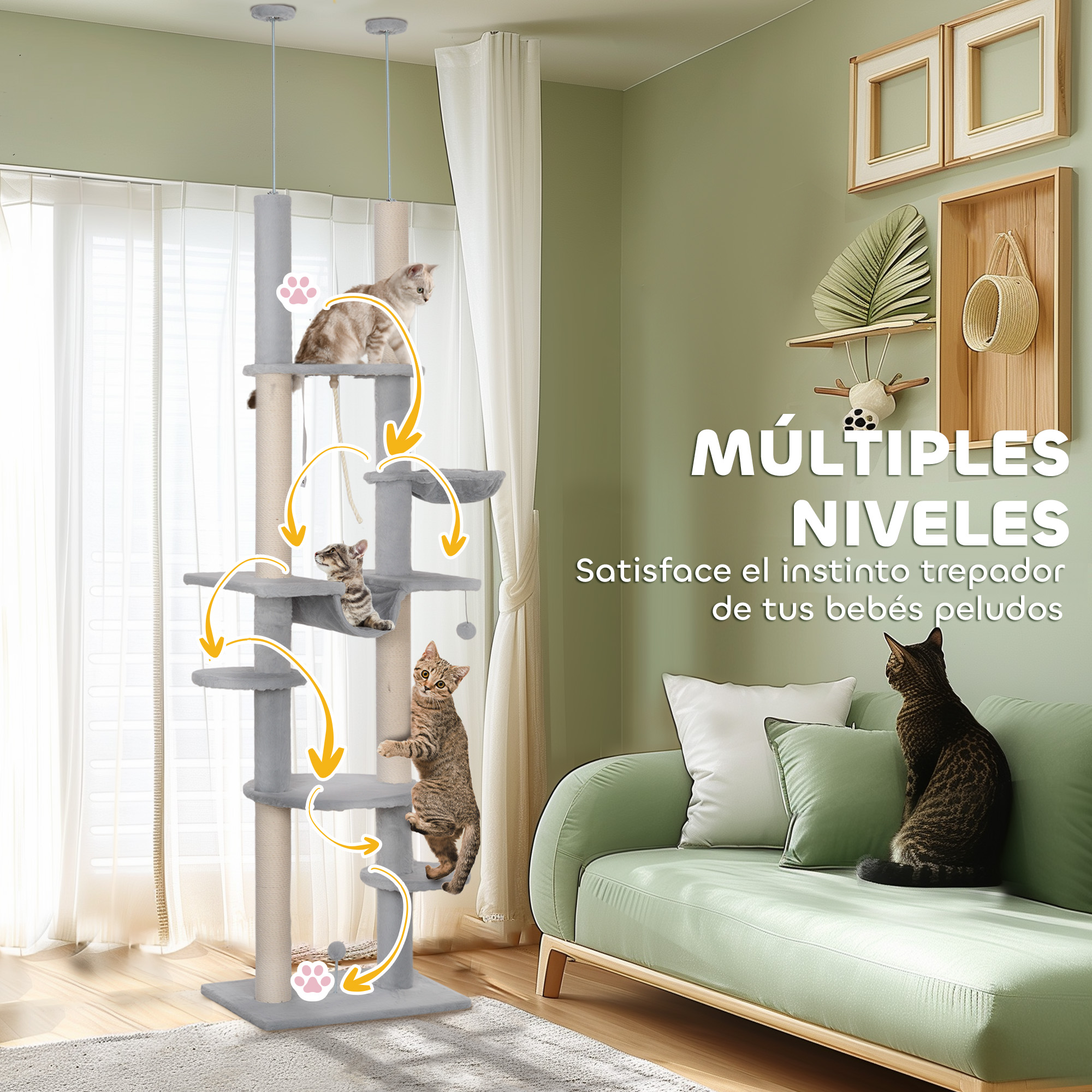 Árbol para gatos con varios niveles, gatos trepando y jugando.