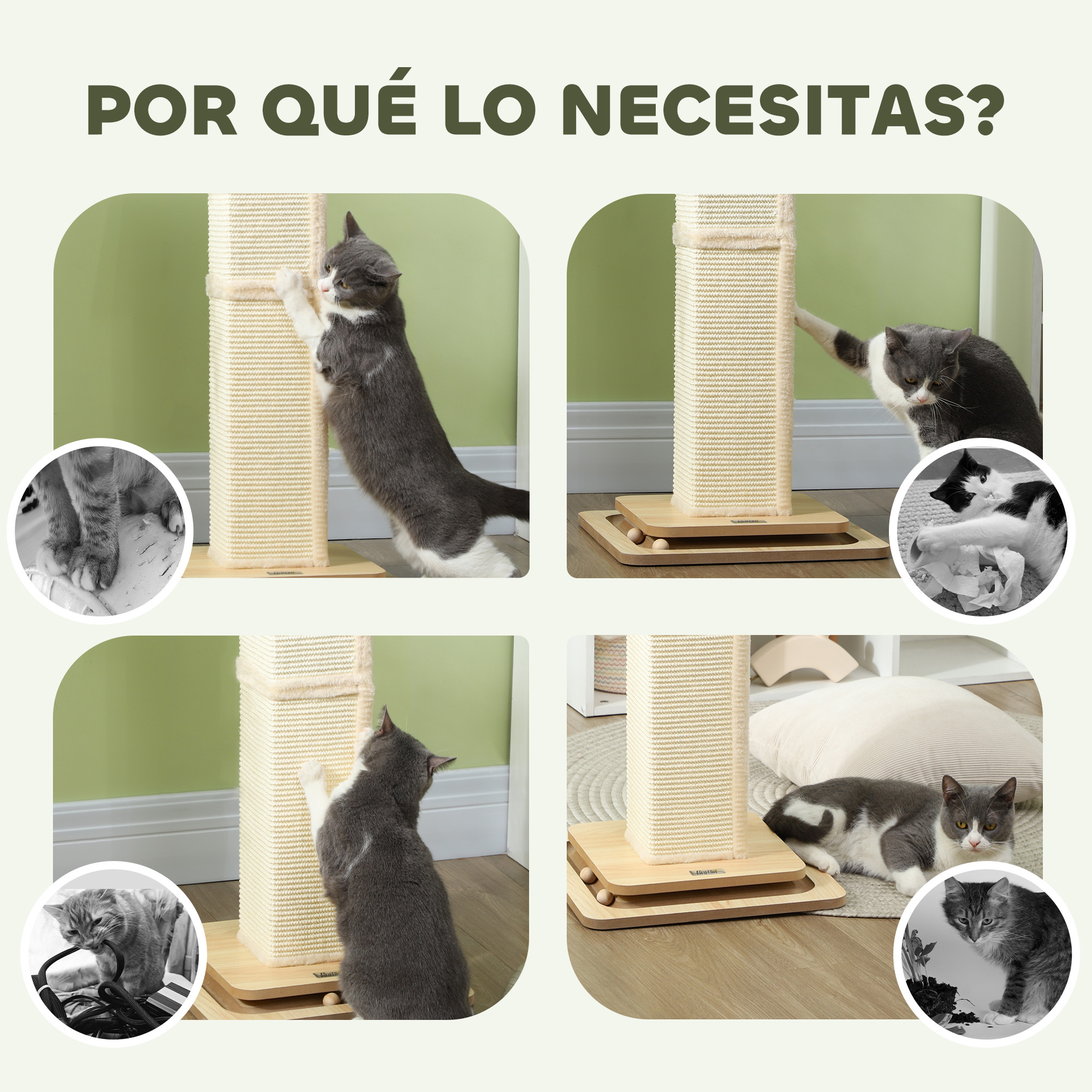 Cuatro imágenes de gatos interactuando con rascadores. Los gatos están rascando y jugando con los postes.