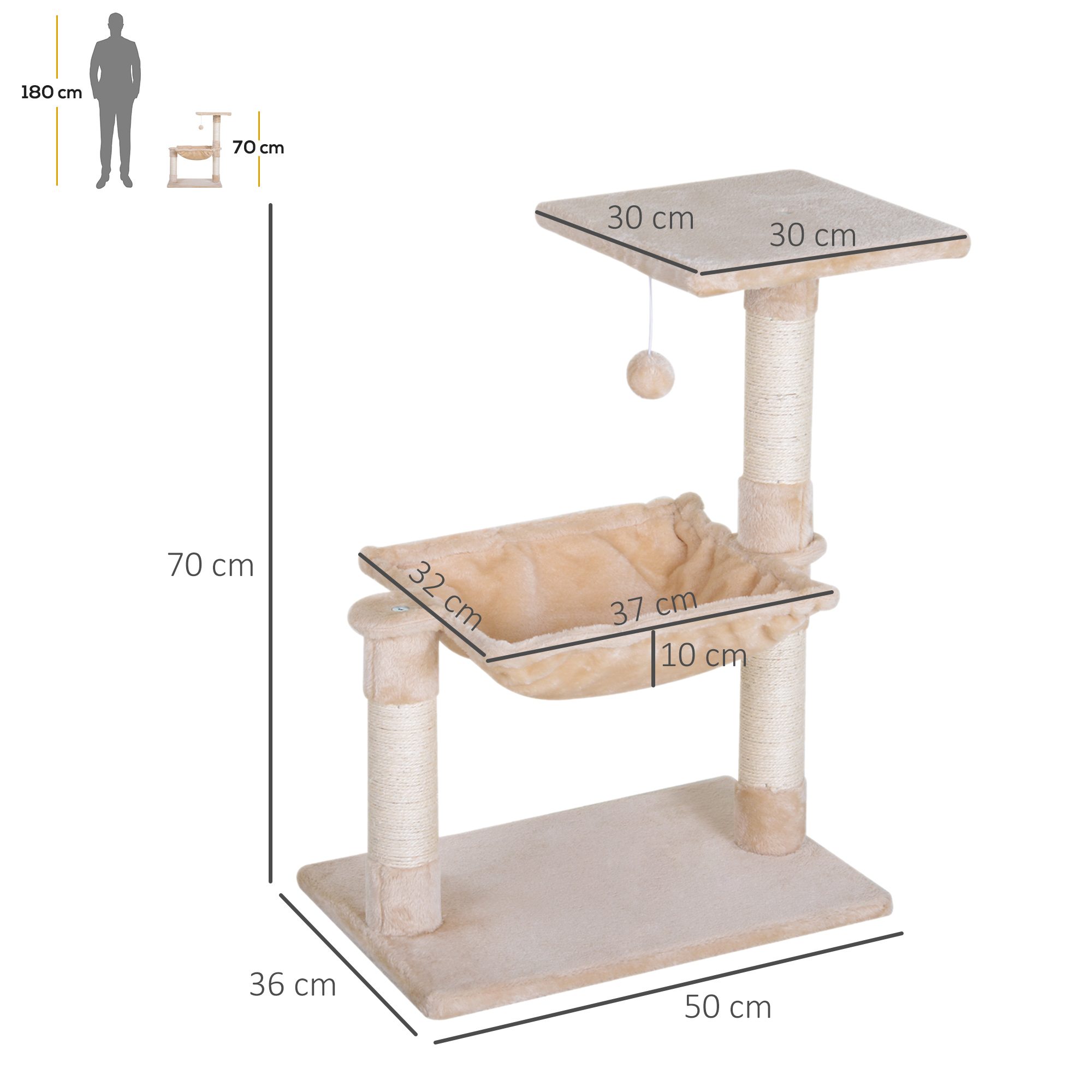 Árbol para gatos beige con hamaca, plataforma superior y postes rascadores. Se indican las dimensiones.