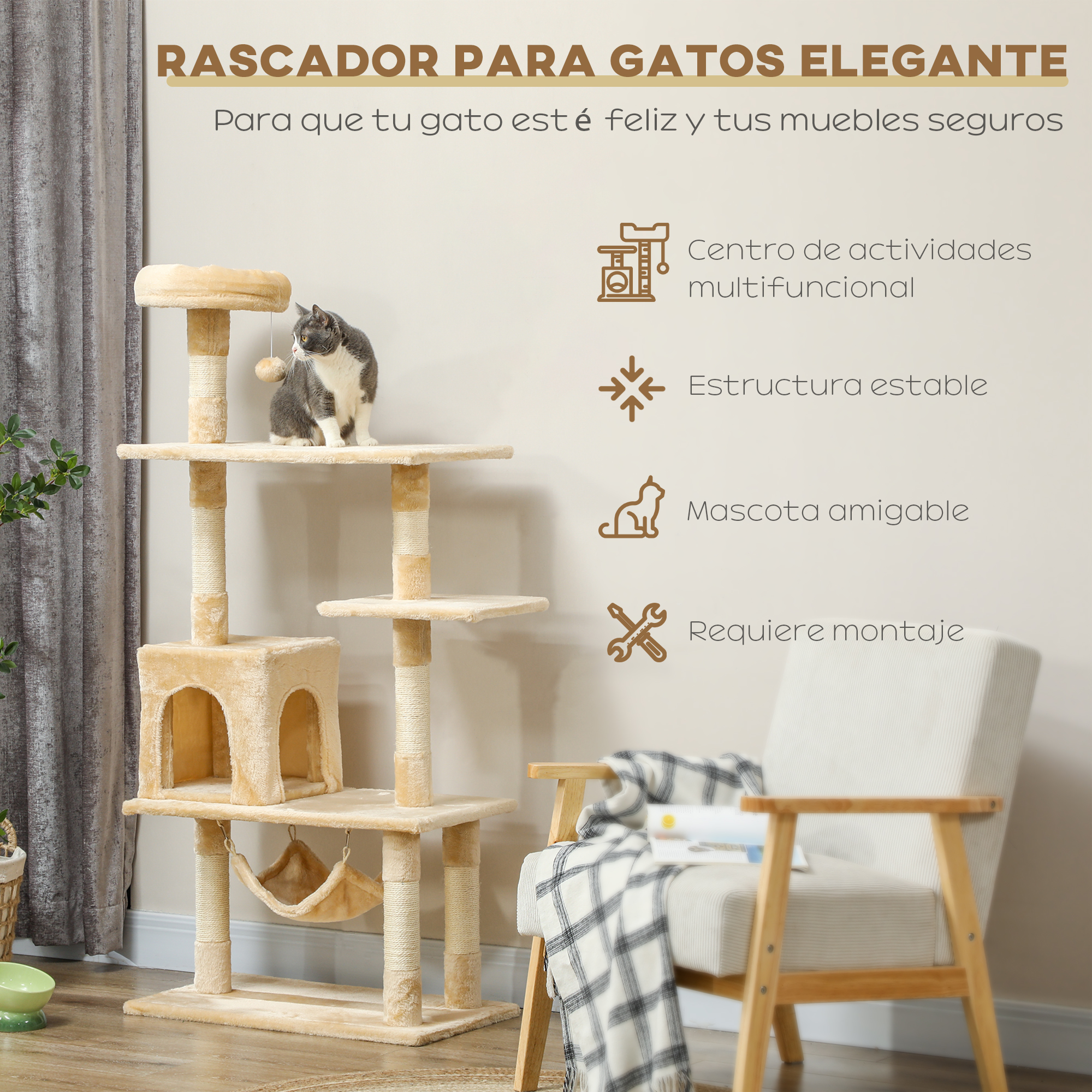 Árbol para gatos con un gato encima. El árbol es beige, con múltiples niveles y una hamaca.