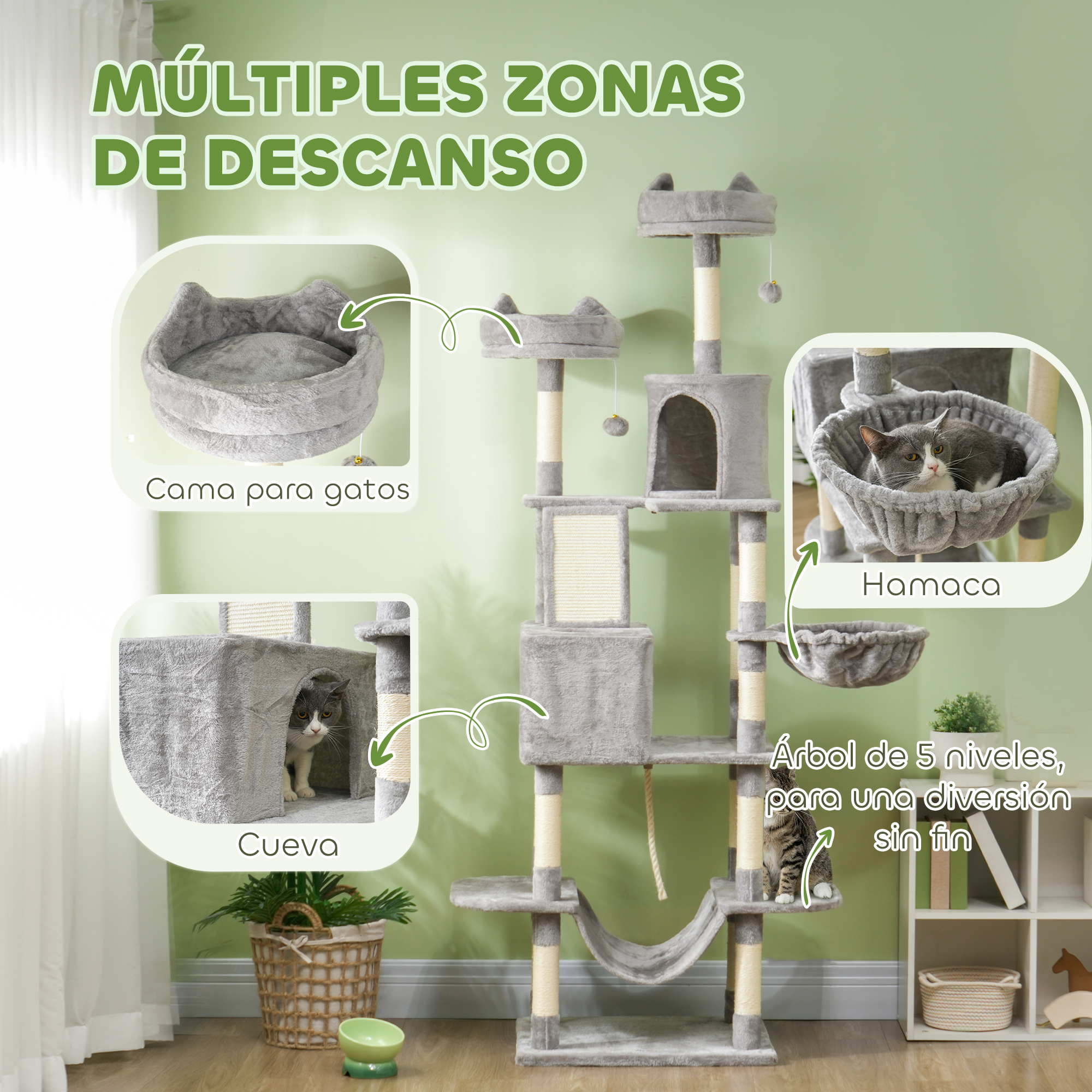 Árbol para gatos con múltiples niveles. Incluye camas, una cueva y una hamaca. Colores gris y beige.